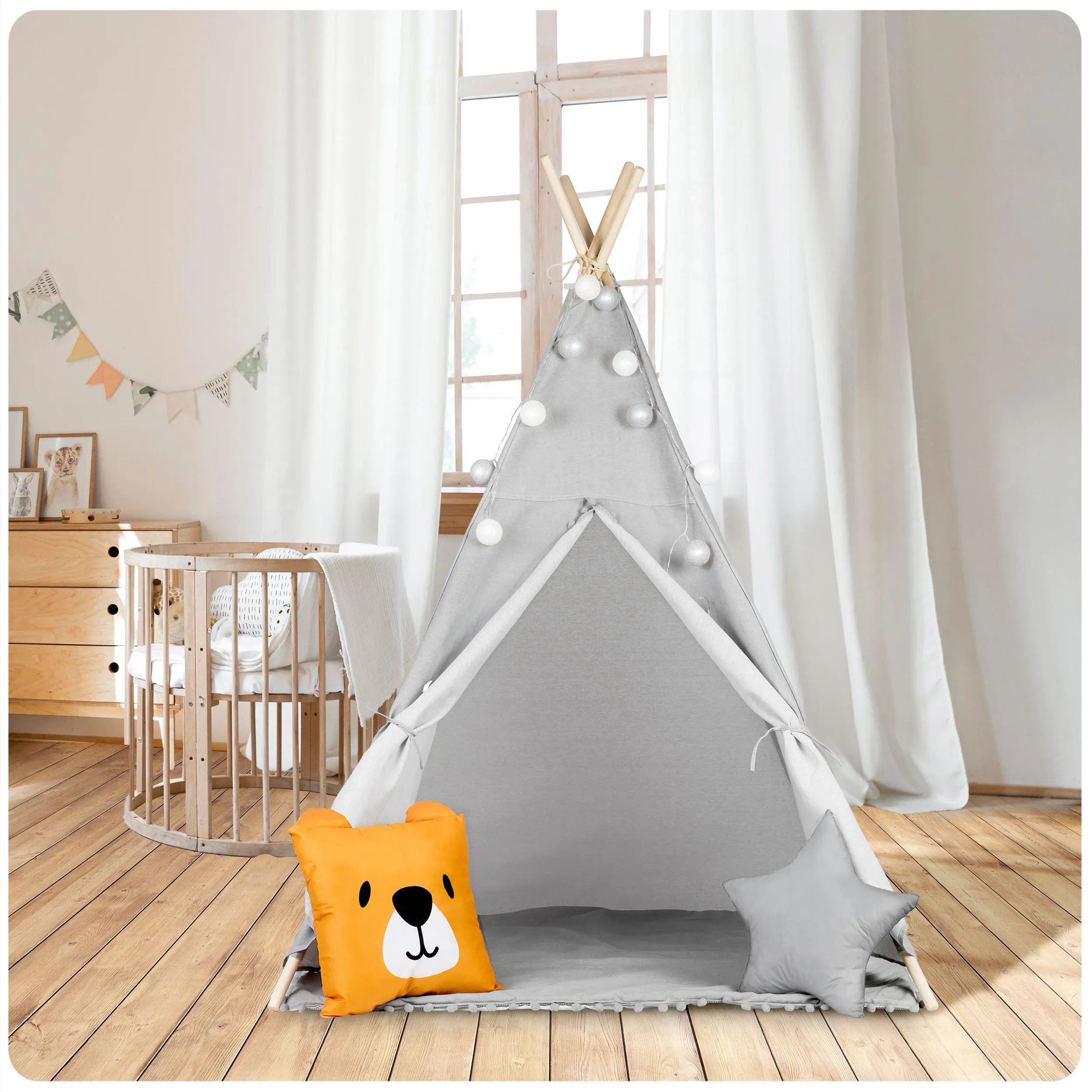 Vaikiška tipi palapinė su girlianda ir lemputėmis - pilka - nuotrauka 1