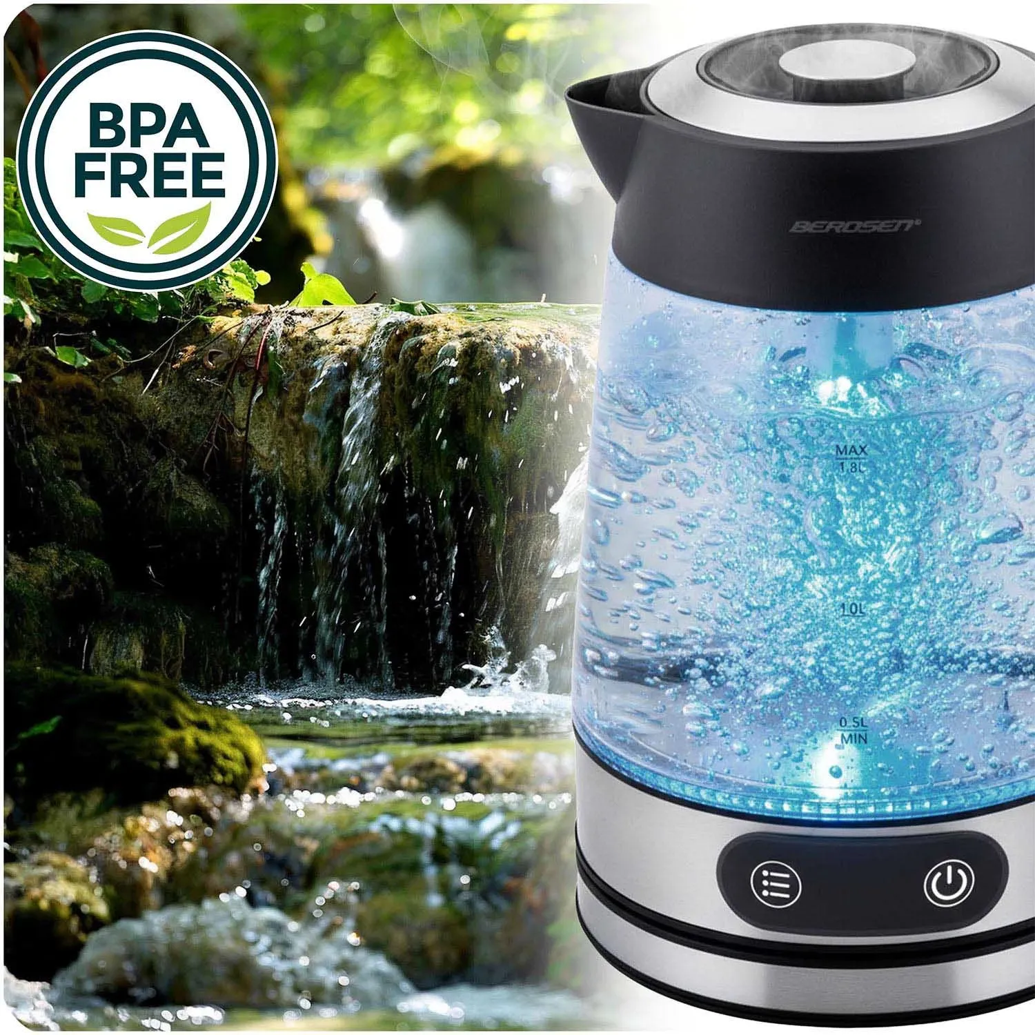 Elektrinis stiklinis virdulys su temperatūros reguliatoriumi 1,8 l 2200 W Berdsen BD-715 - nuotrauka 1