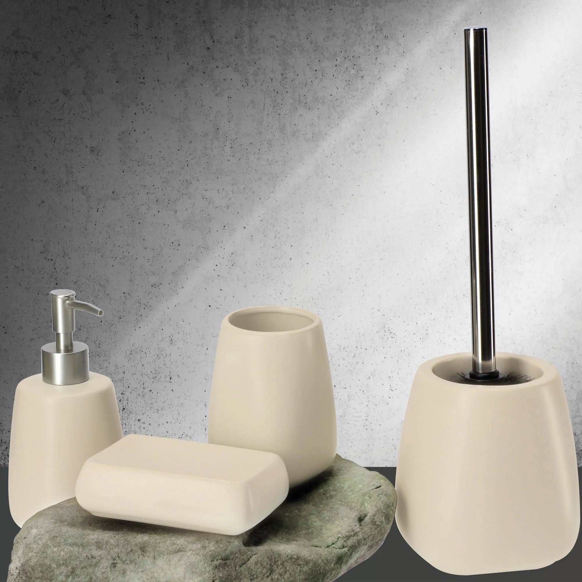 Vonios kambario komplektas: tualetinis šepetys + puodelis + dozatorius, smėlio spalvos