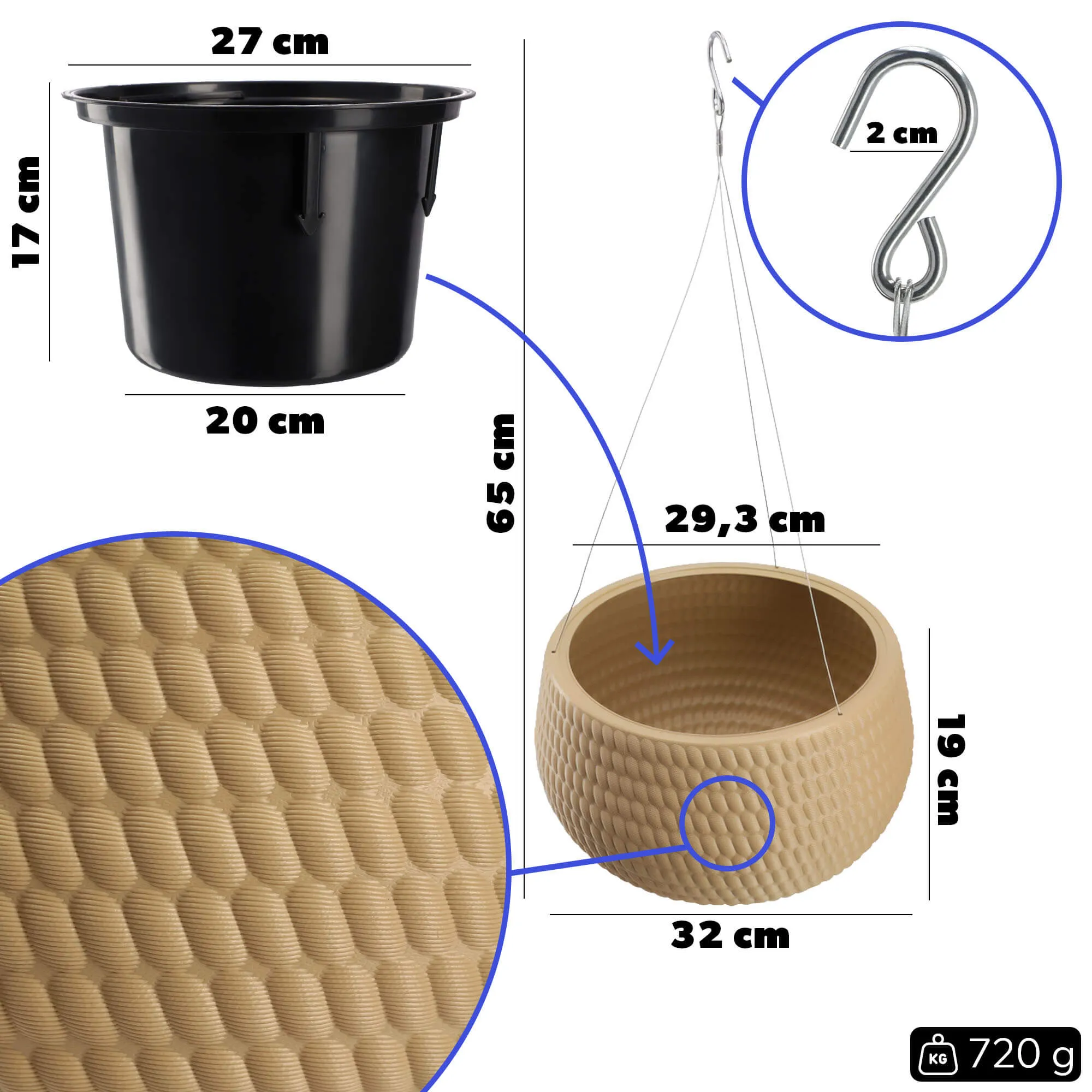 Pakabinamas rutulinis vazonas su Serro įdėklu 29 cm