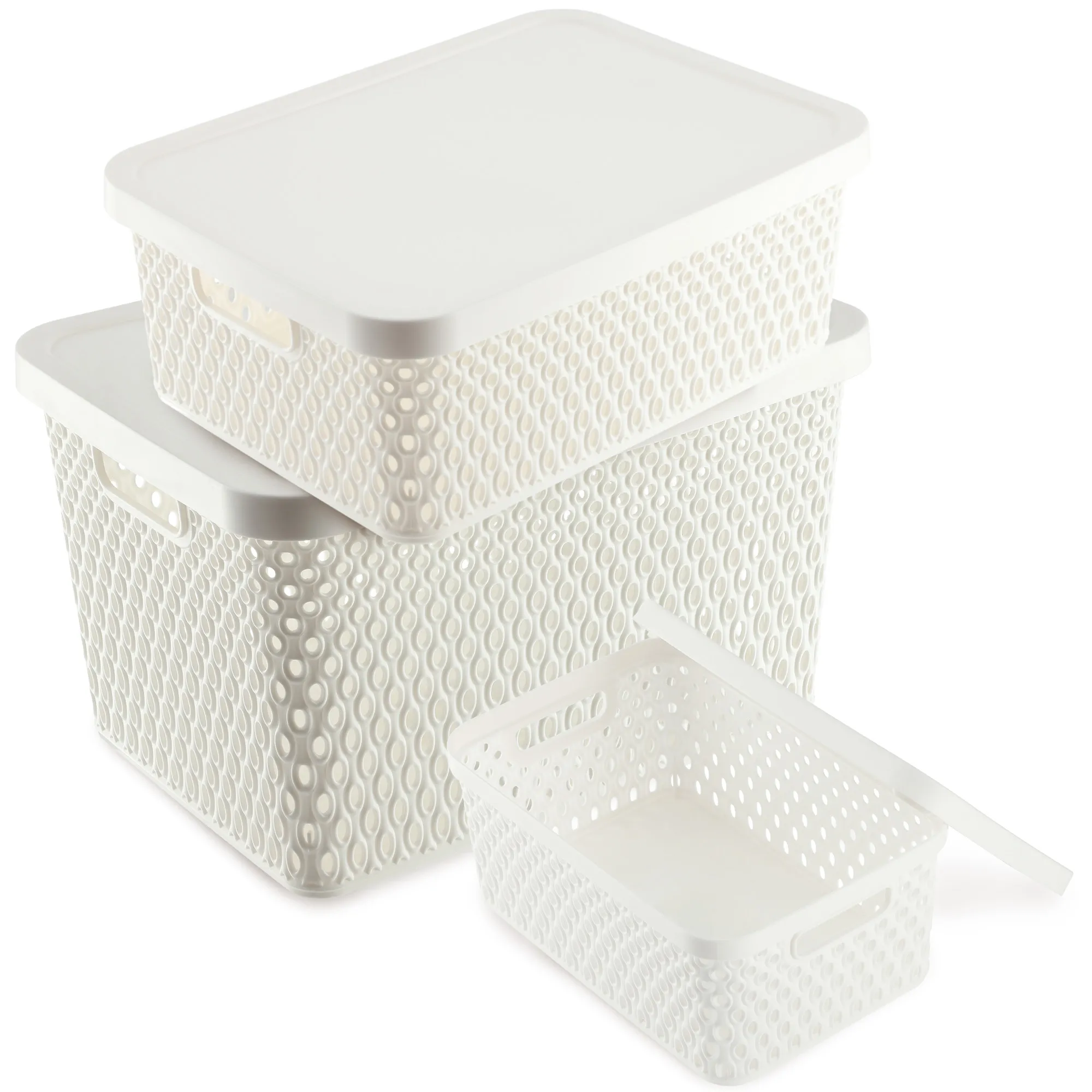 Pau daiktadėžių rinkinys su dangčiu, 4,5 l + 12 l + 18 l, baltas