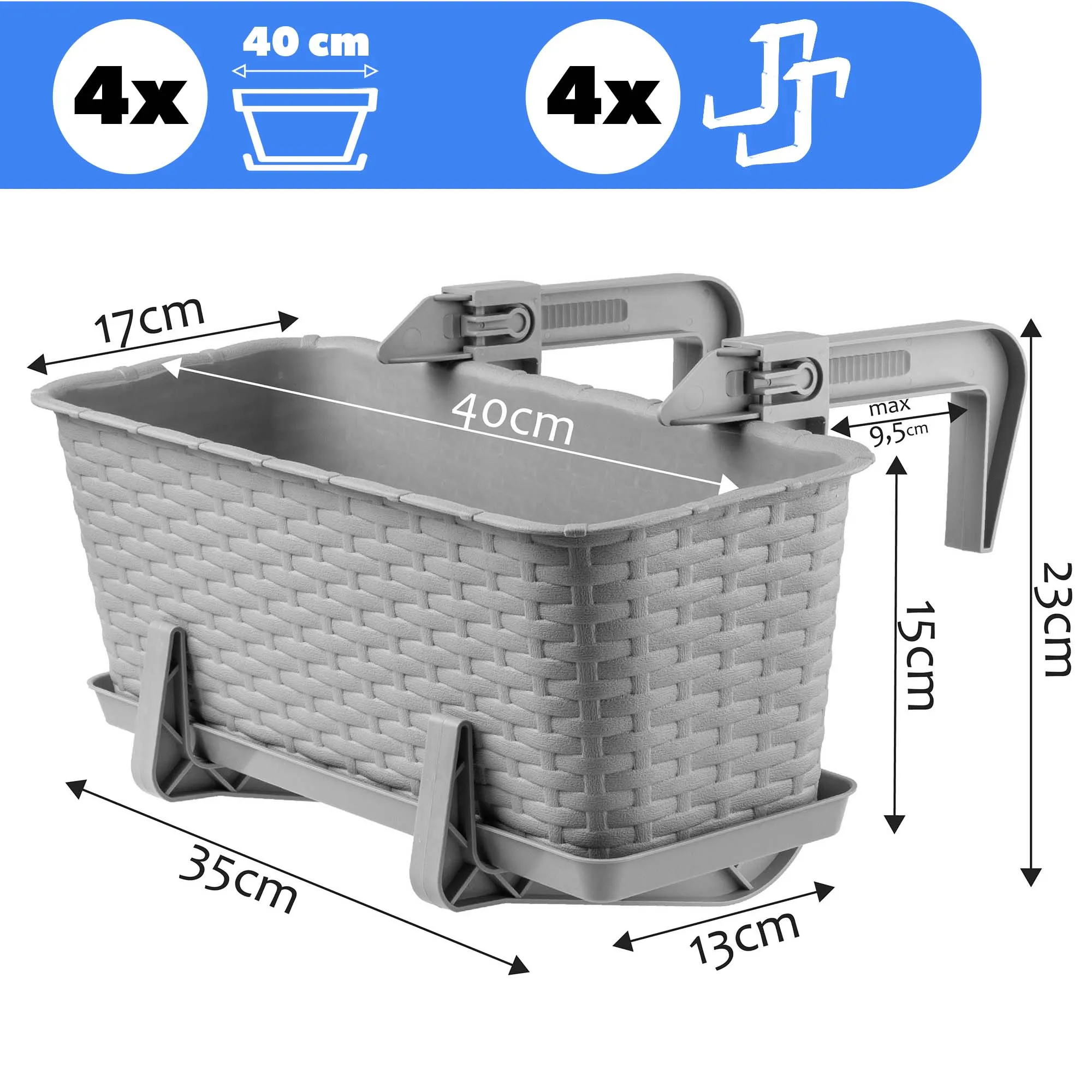 Balkono dėžė su rankenomis Castro šviesiai pilka 40 cm