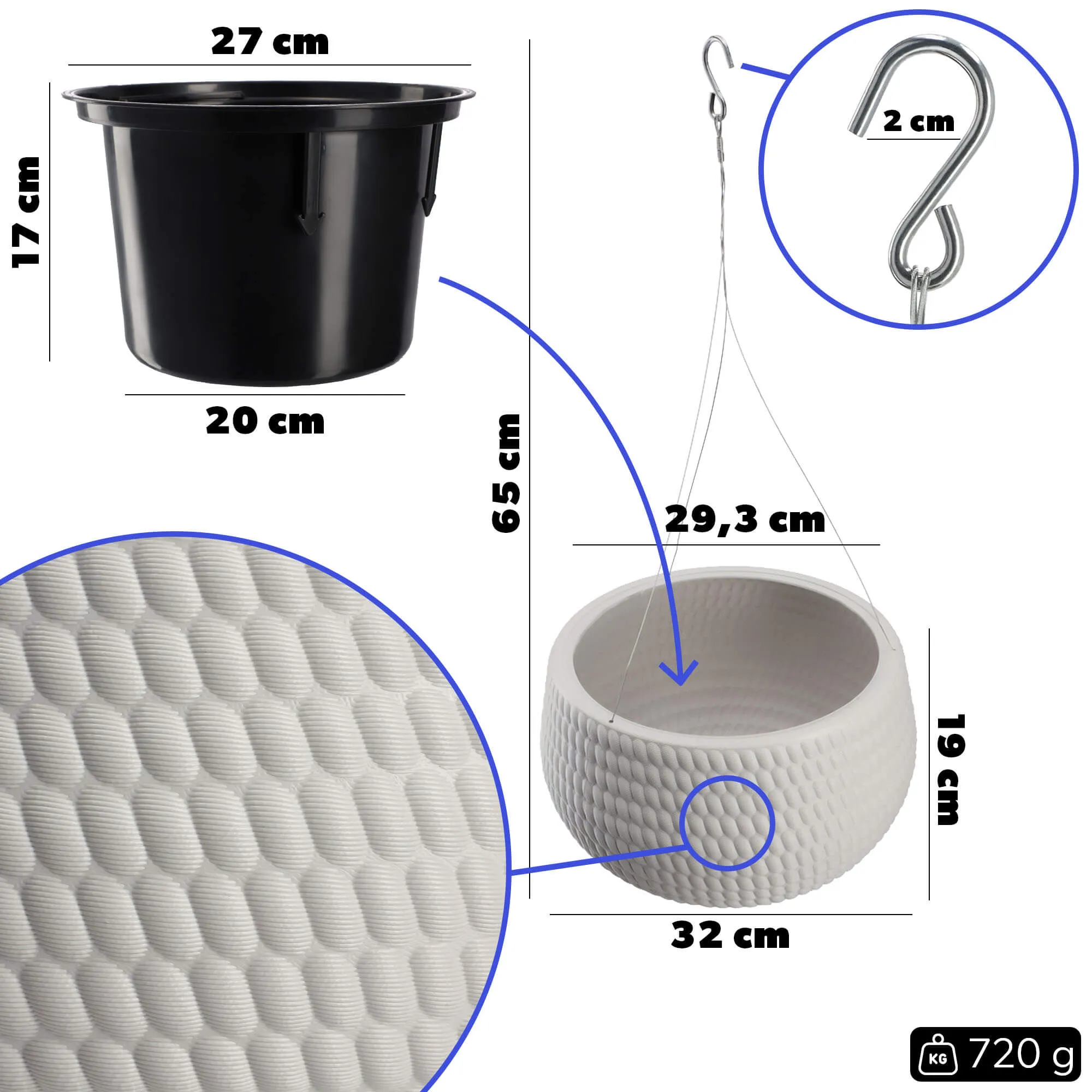 Pakabinamas rutulinis vazonas su įdėklu Serro 29 cm