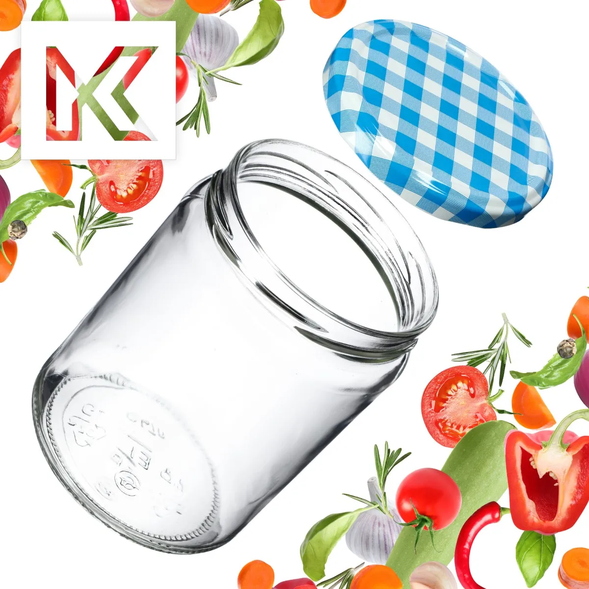 Maki konservavimo stiklainiai 540 ml, 48 vnt., 82 mm + mėlyni tinklelio dangteliai