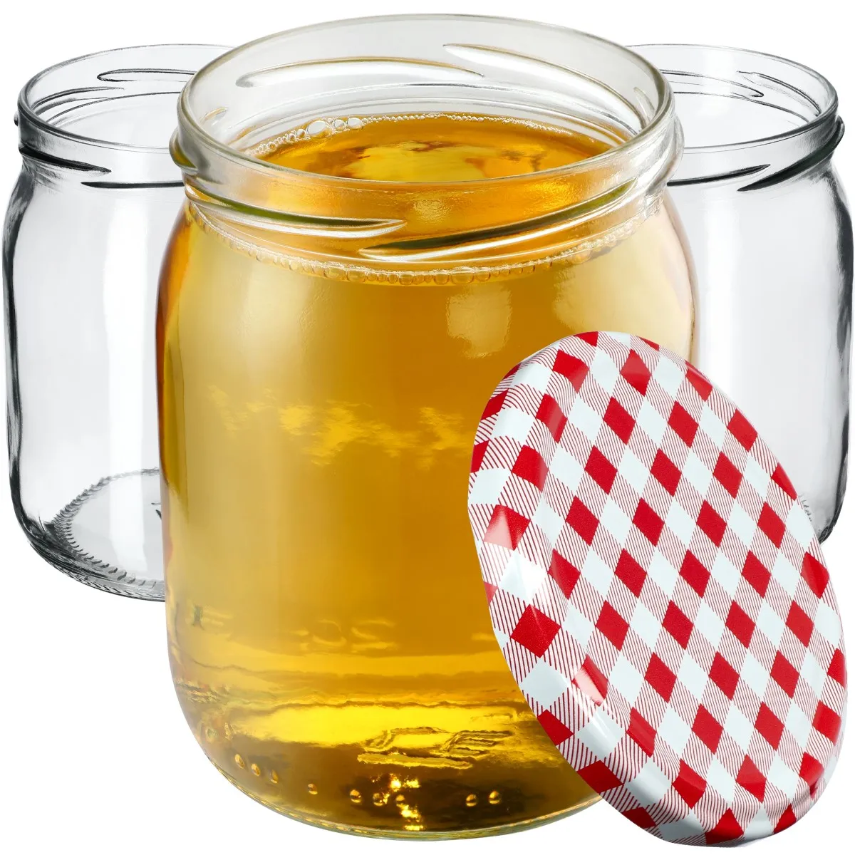 Senos stiklainiai 540 ml, 48 vnt., 82 mm + dangteliai su raudonu tinkleliu