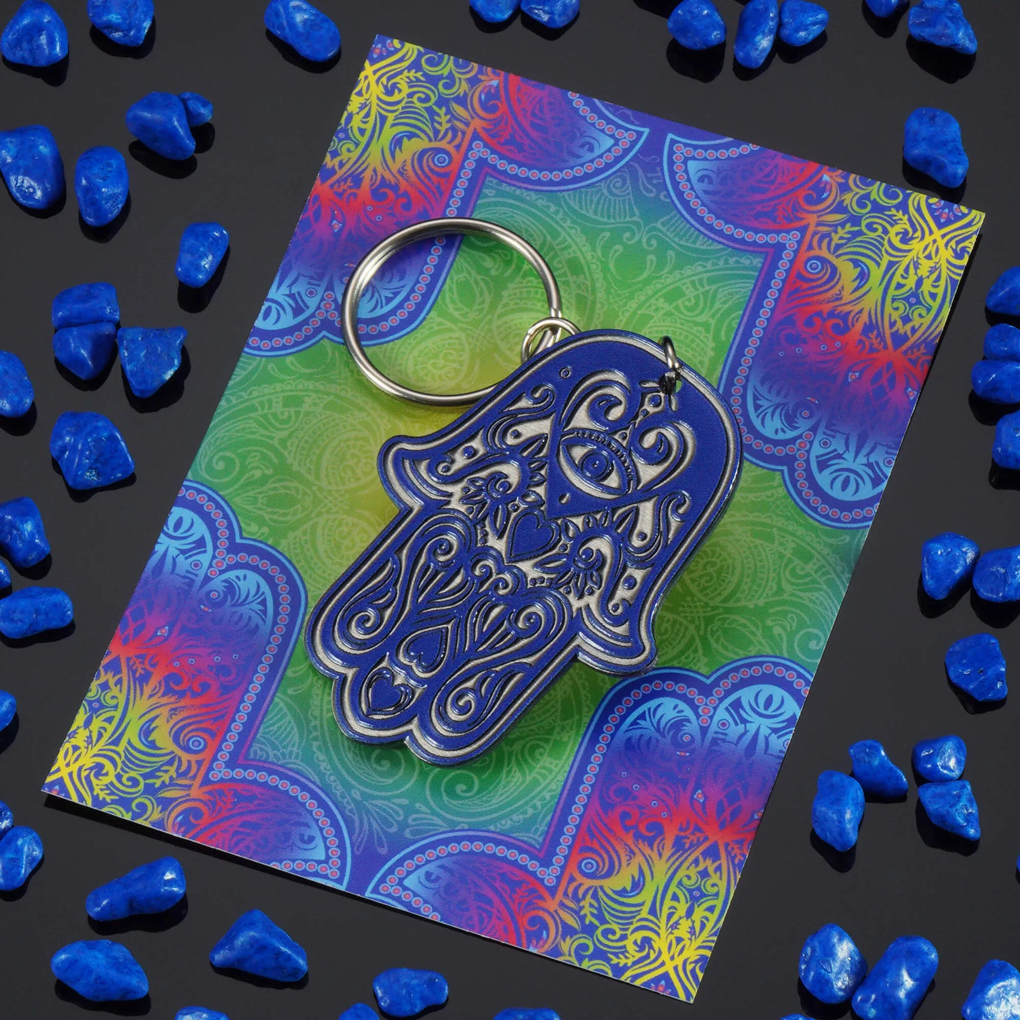 Hamsa raktų pakabukas 4 x 5 cm, mėlynas