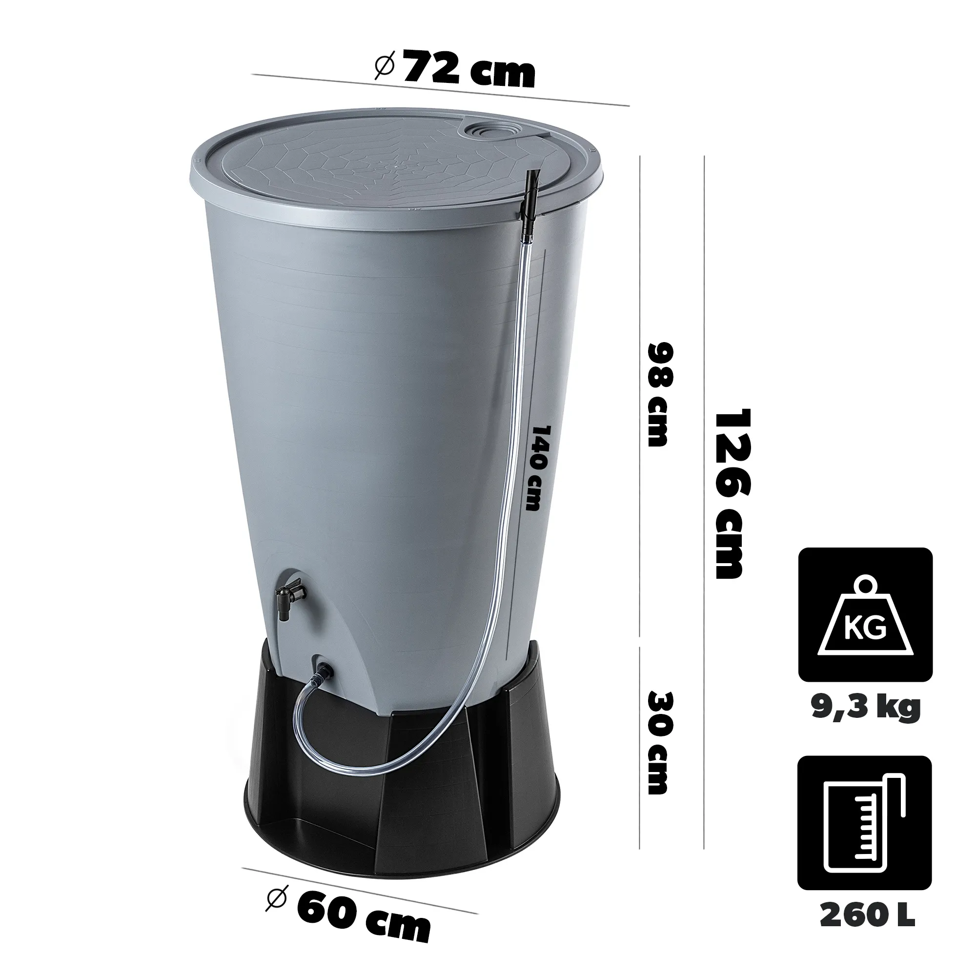 Molar 260L lietaus vandens bakas su prijungimo komplektu, pilkas