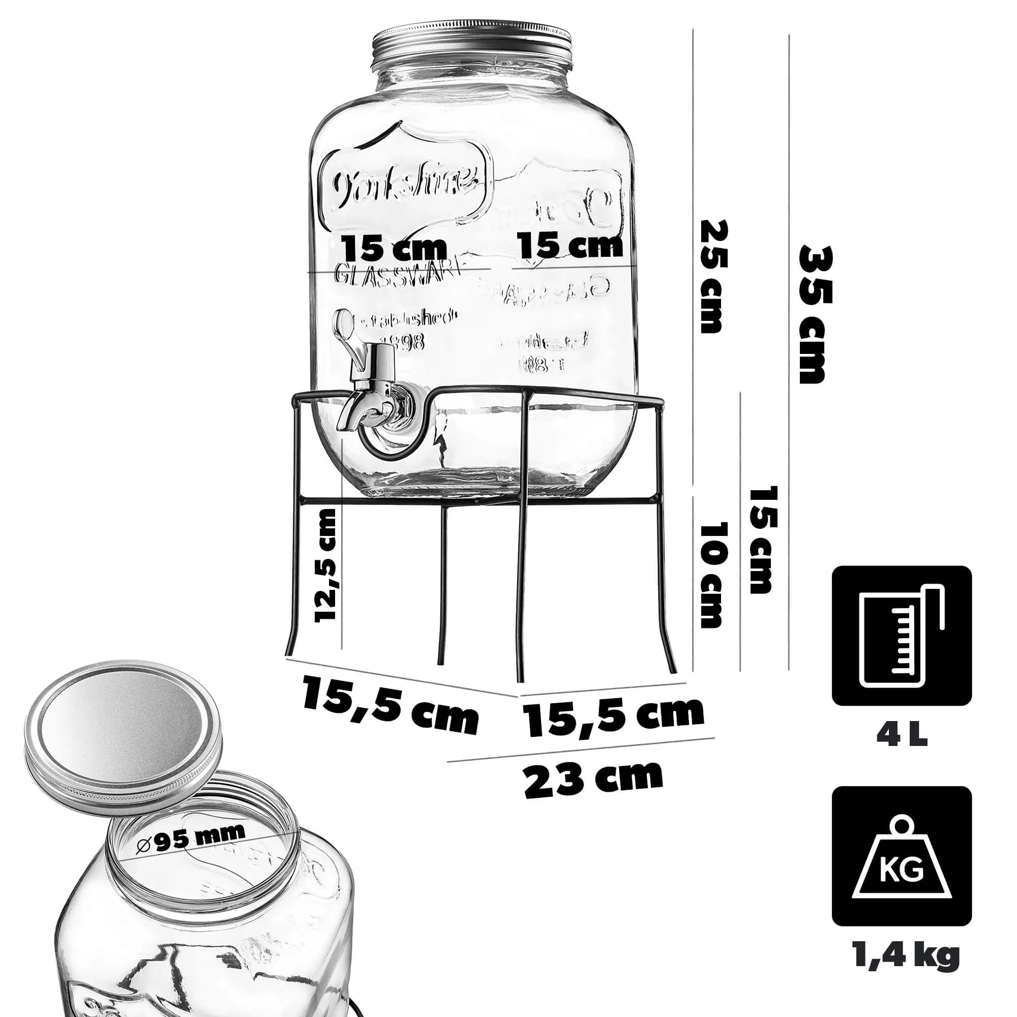 Mesagne stiklainis su čiaupu šaltiems gėrimams ir limonadui 4 l su stovu