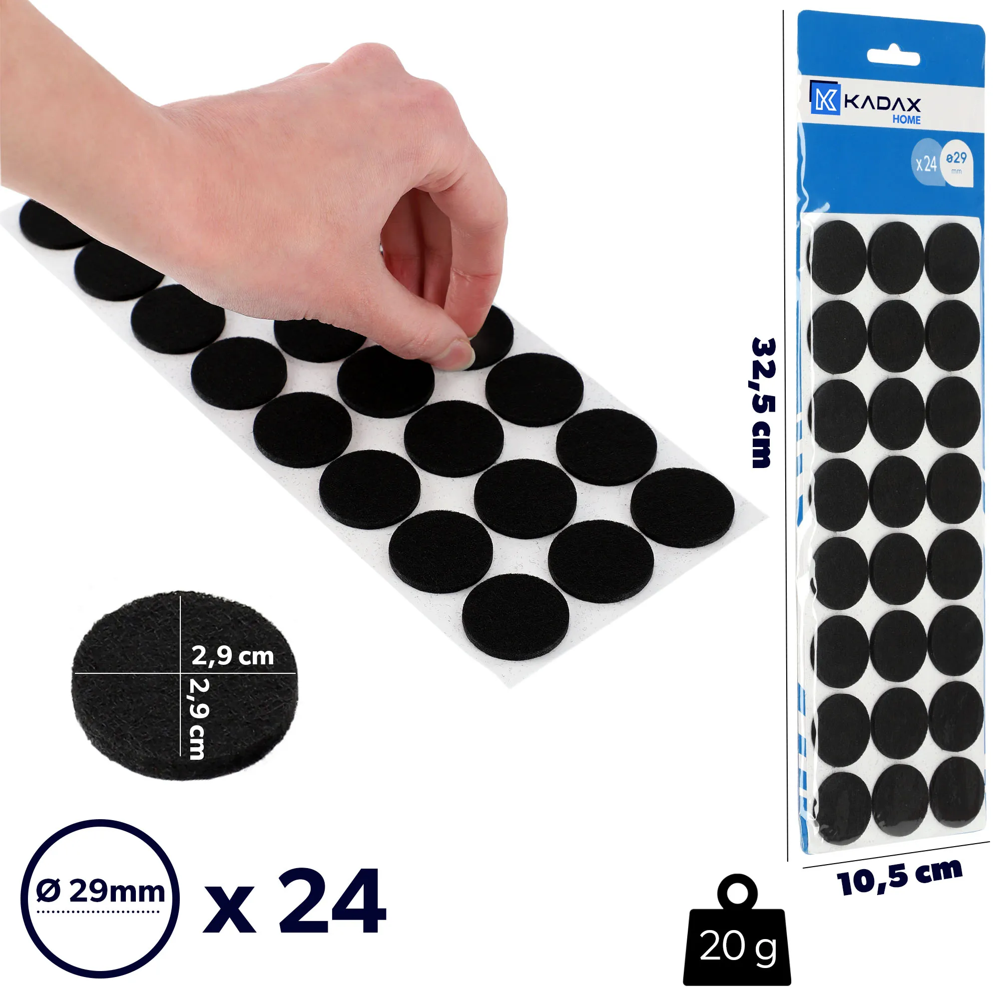 Veltinio pagalvėlės apvaliems baldams „Sort“, 29 mm, juodos, 24 vnt. rinkinys