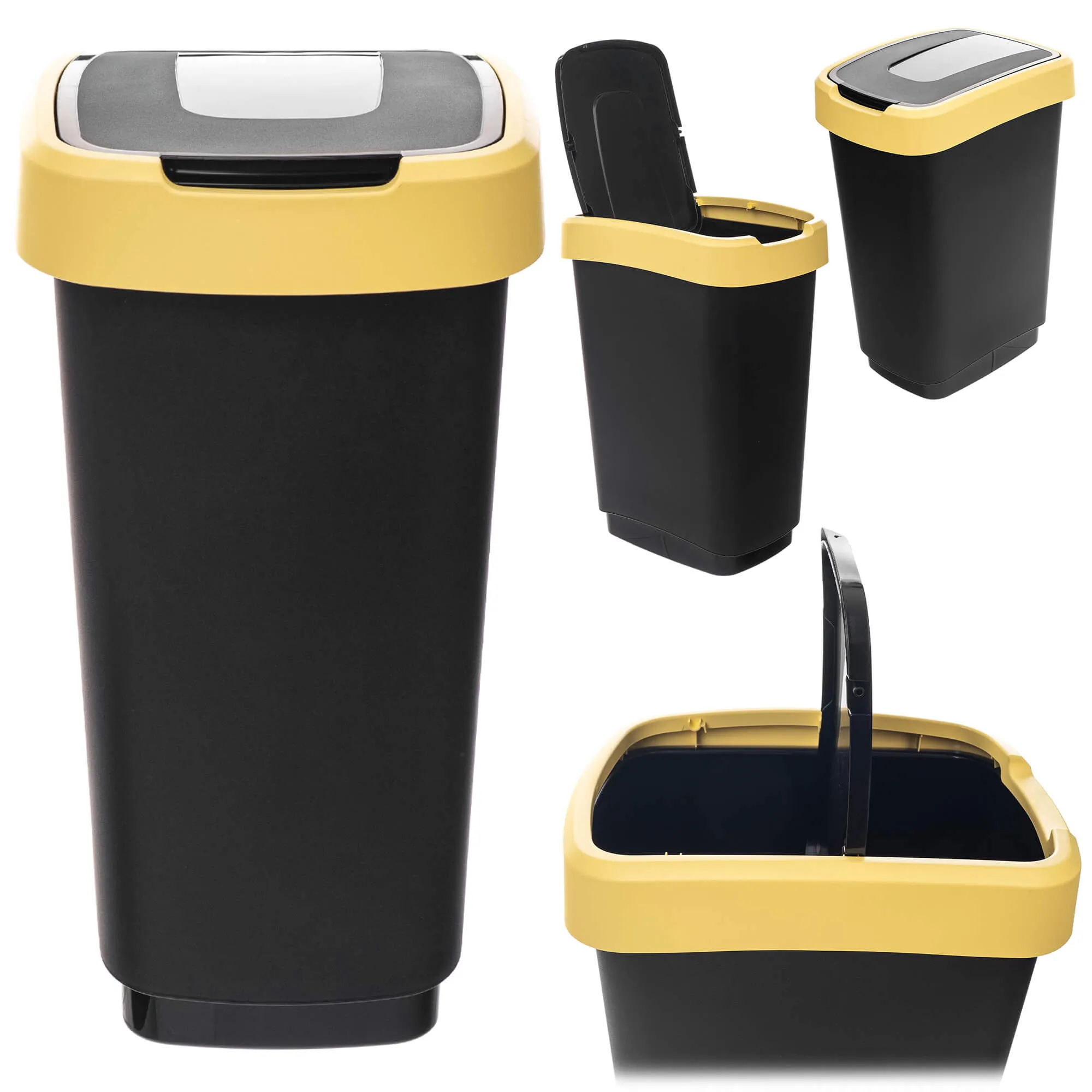 Morin 25 l šiukšliadėžė su besisukančiu dangčiu, juodos ir geltonos spalvos