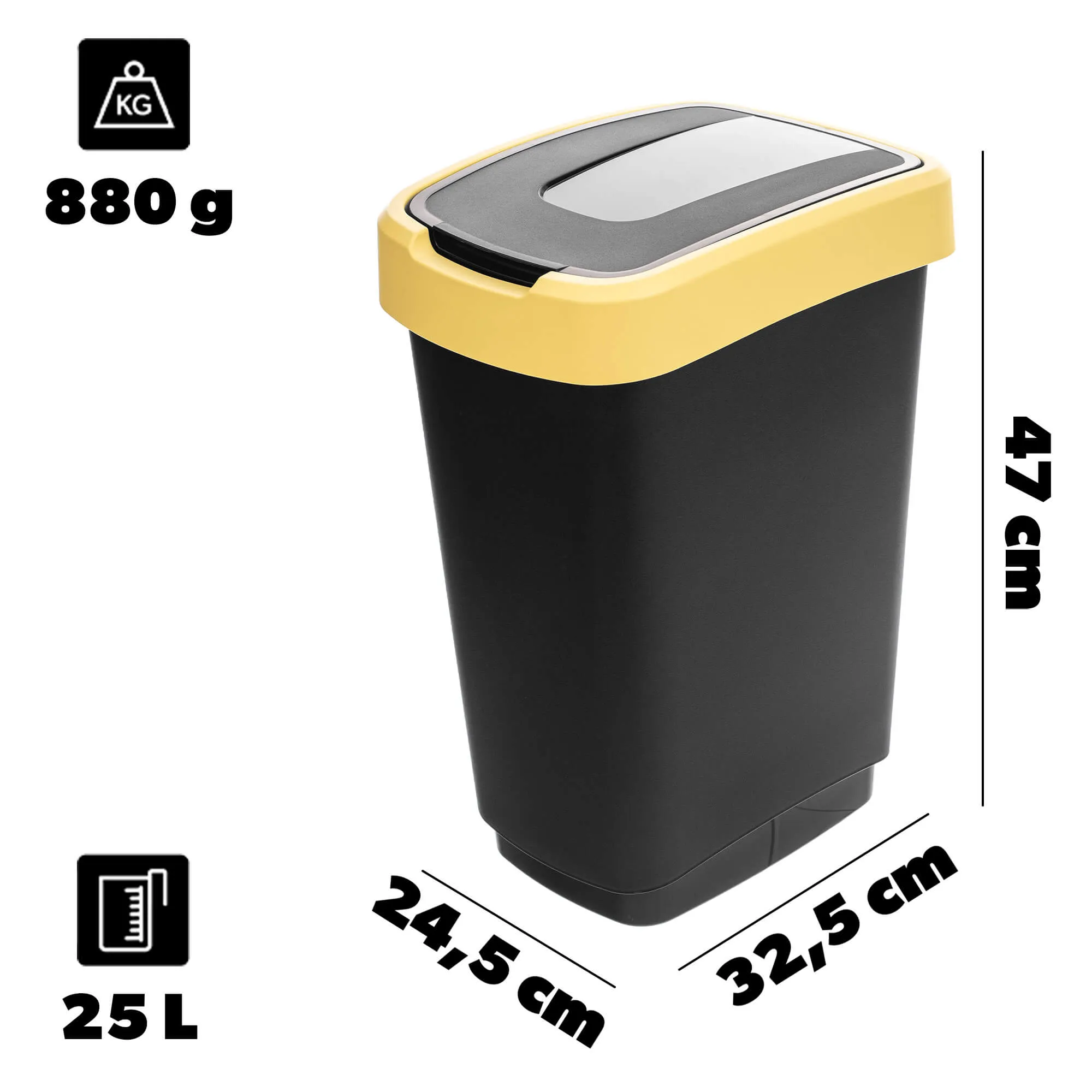 Morin 25 l šiukšliadėžė su besisukančiu dangčiu, juodos ir geltonos spalvos