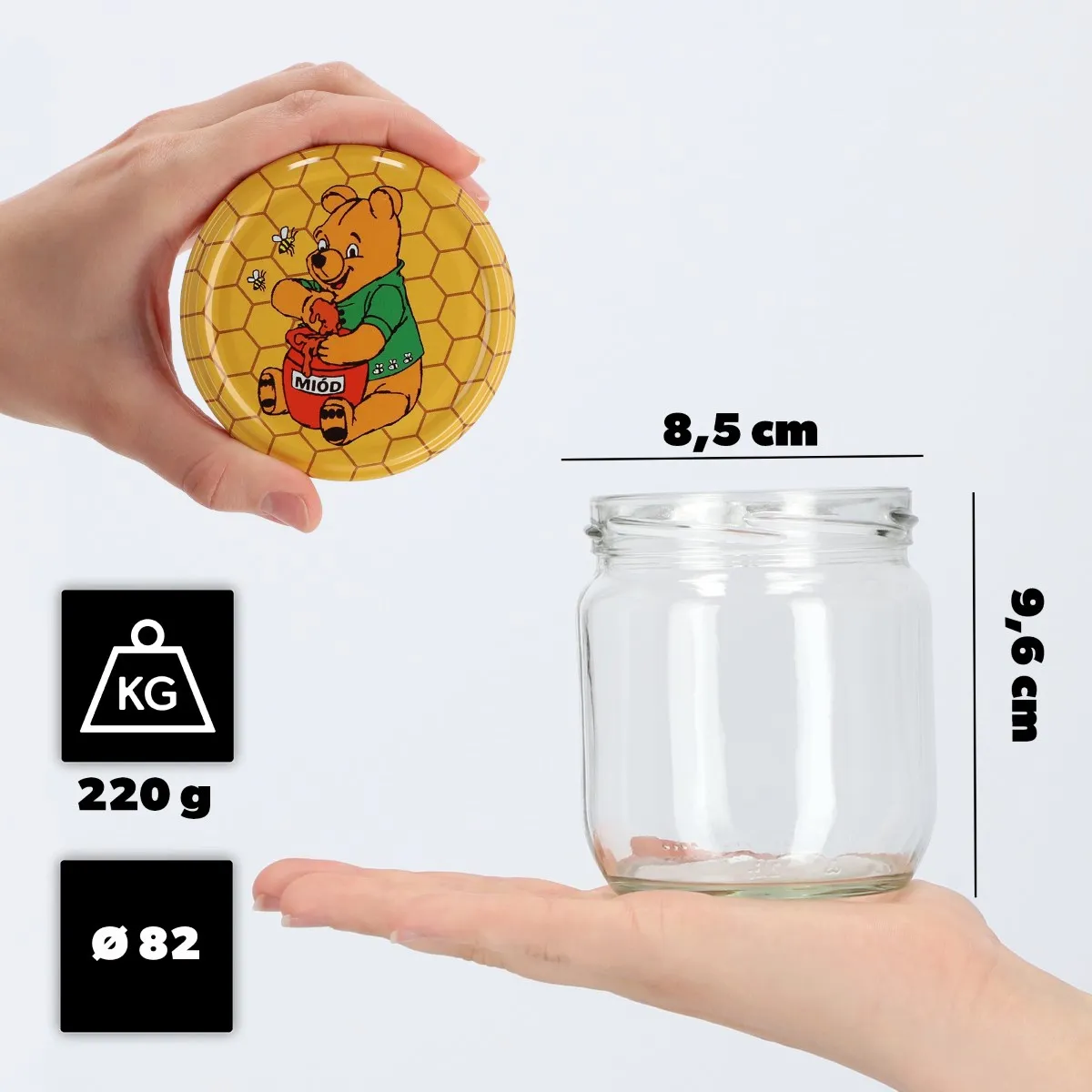 Salla konservavimo stiklainiai 425 ml, 12 vnt., 82 mm + dangteliai su medumi