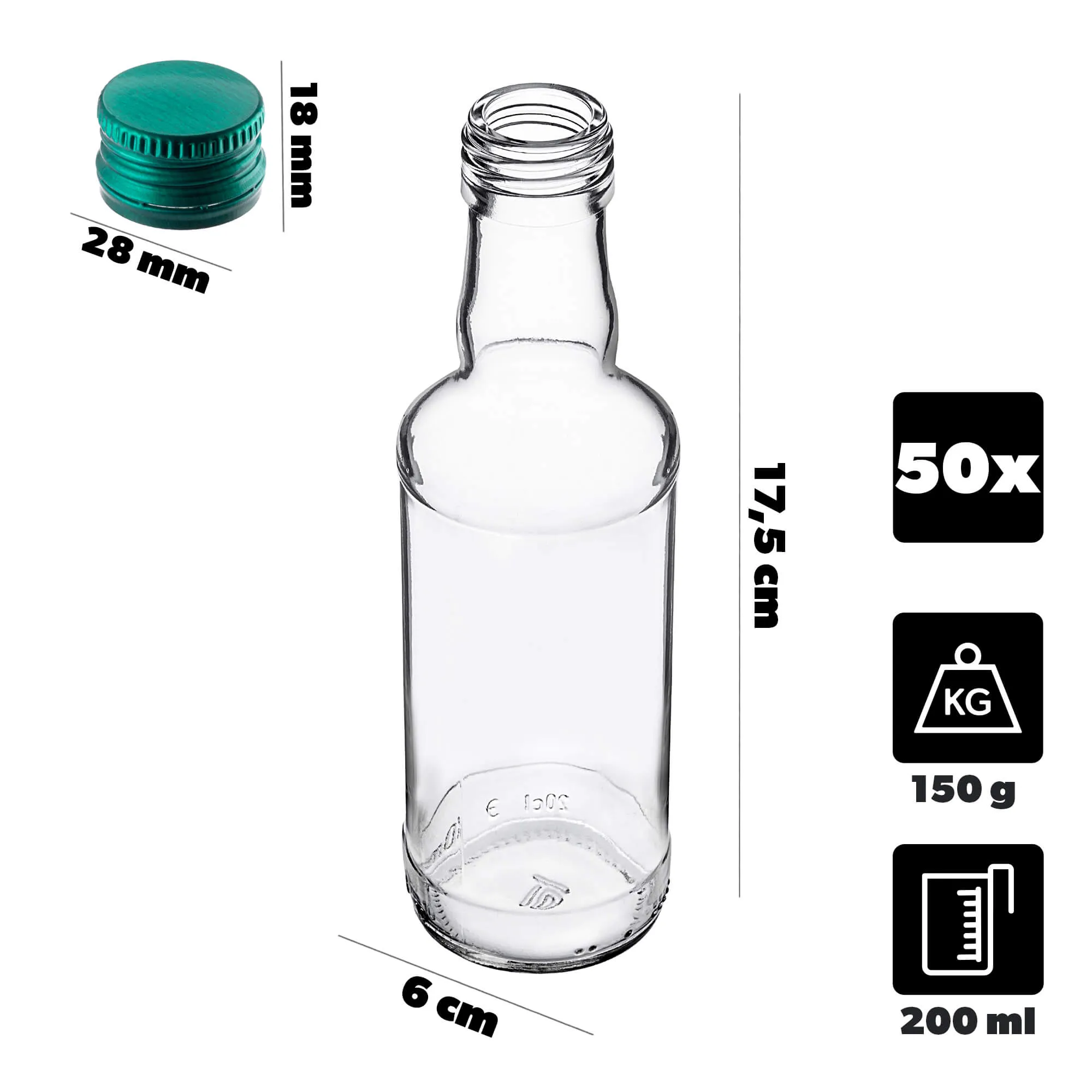 Monopol stiklinis butelis 200 ml su žaliu dangteliu 50 vnt.