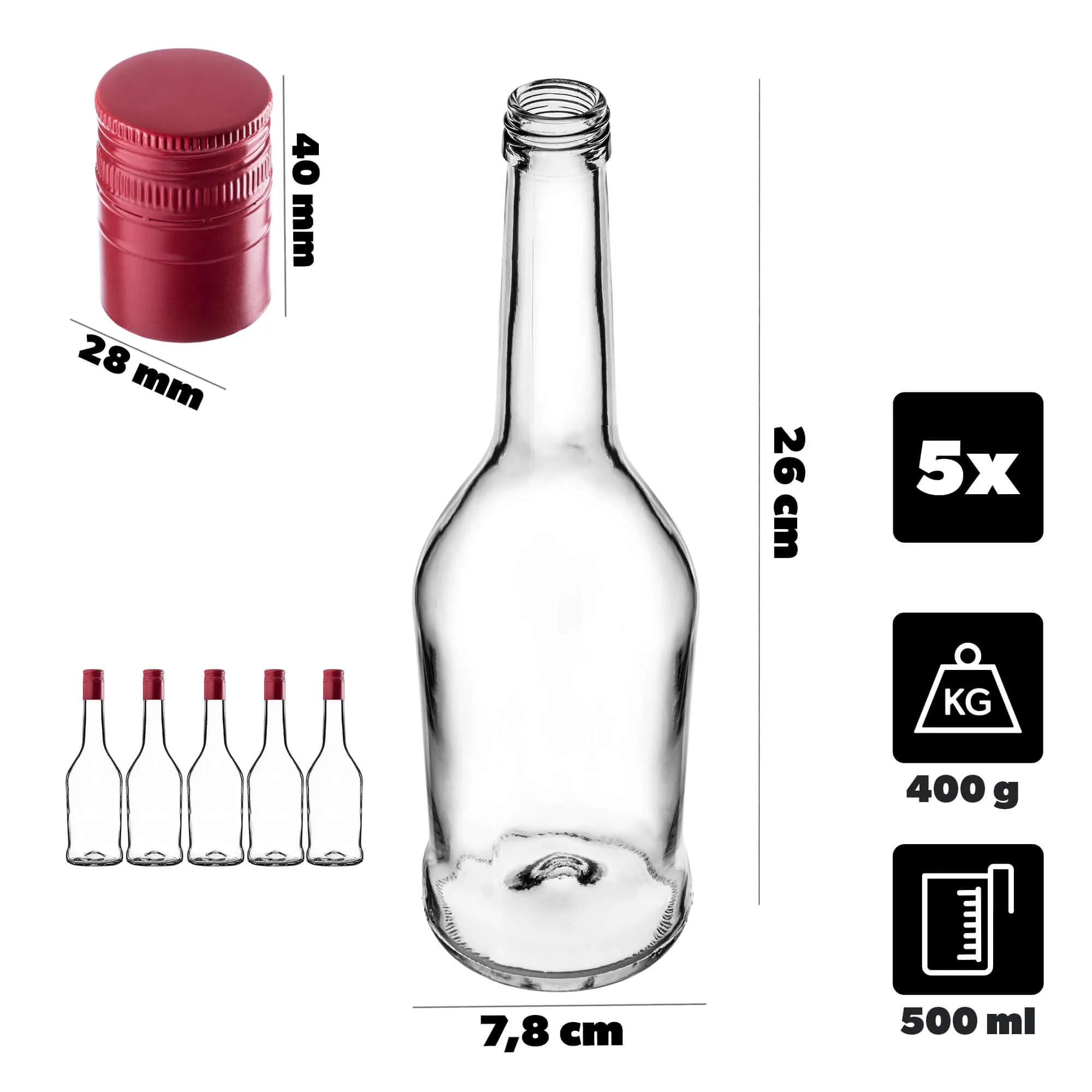 Stiklinis buteliukas Luarė tinktūrai 500 ml su ilgu raudonu dangteliu 5 vnt.