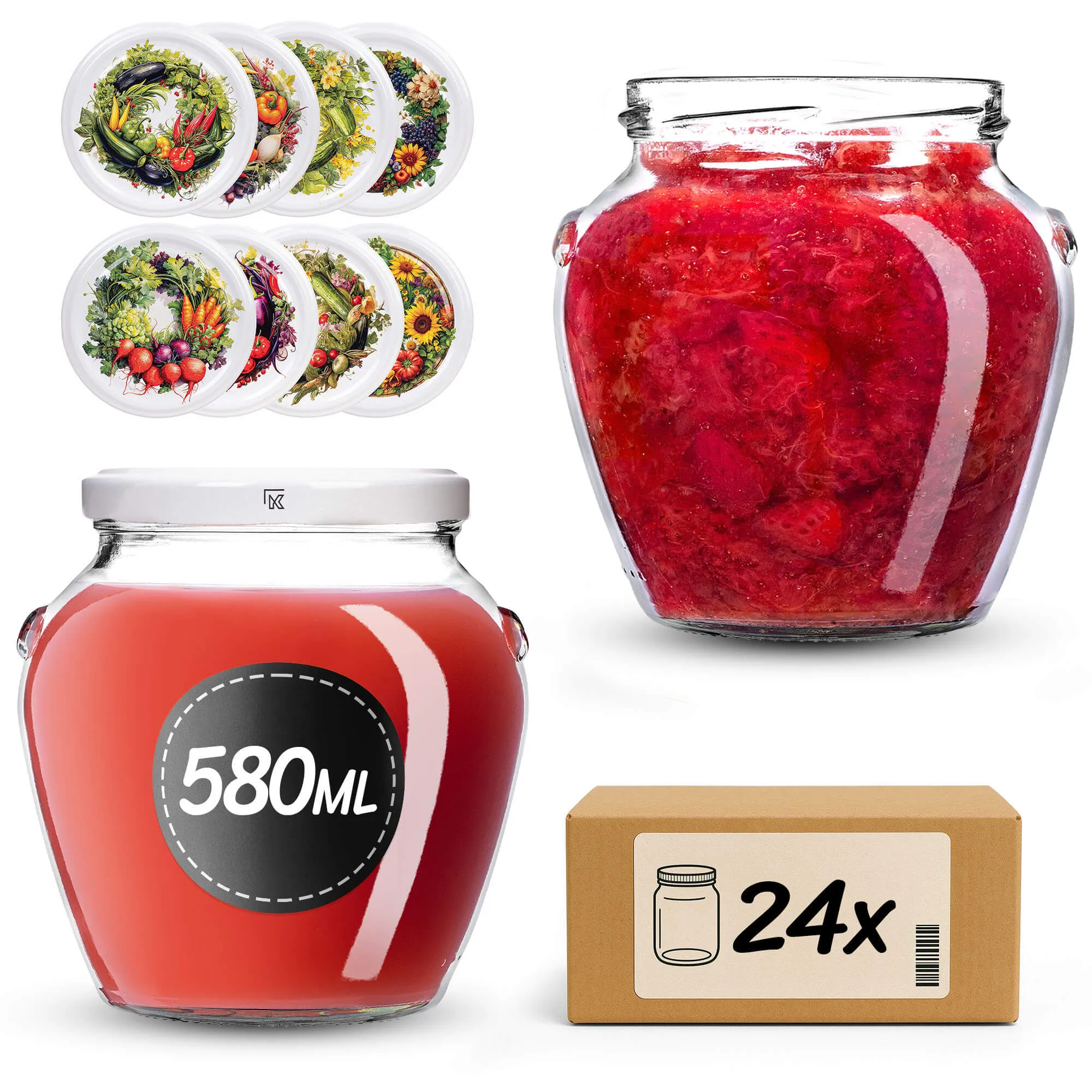 „Sassa“ konservavimo stiklainiai 580 ml, 24 vnt., 82 mm + „Derliaus vainikas“ dangteliai