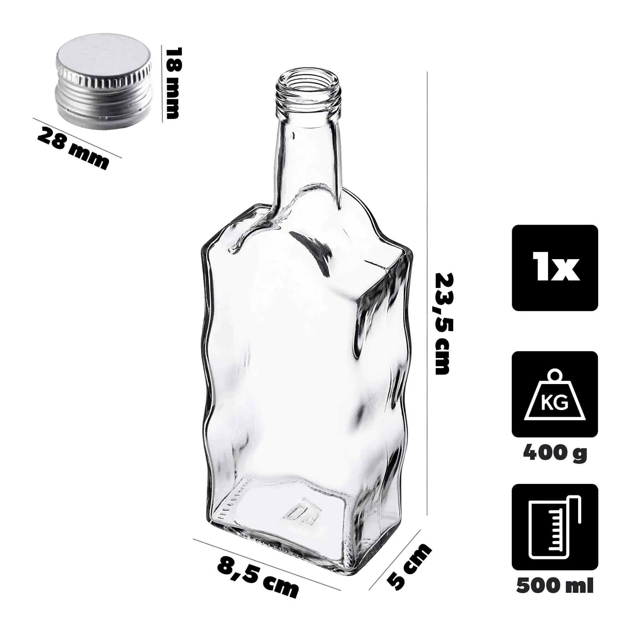 Stiklinis butelis tinktūrai „Fala“ 500 ml su sidabriniu dangteliu 1 vnt.