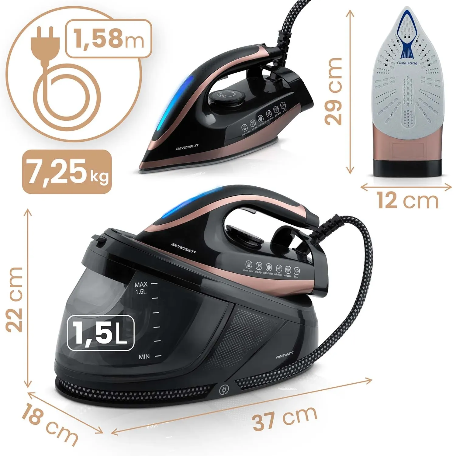 Garo stotelės lygintuvas su garų generatoriumi 3000 W, Berdsen BD-334, su keramine danga - nuotrauka 1