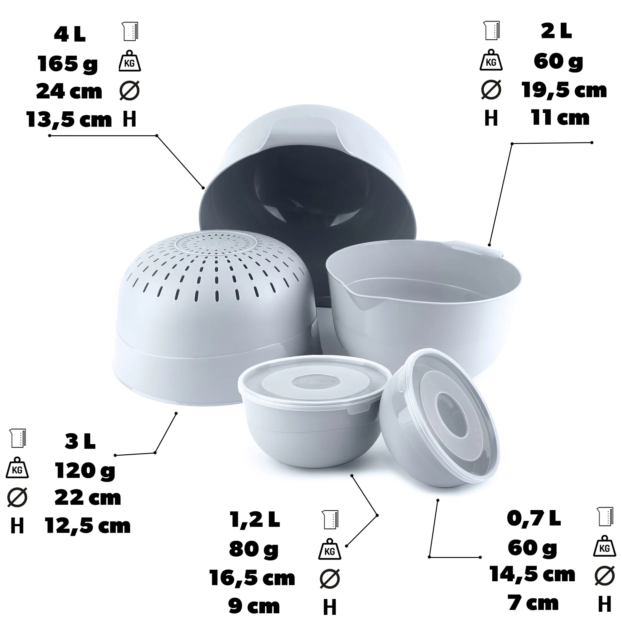 Dogato dubenėlių rinkinys, 7 dalys, šviesiai pilkas