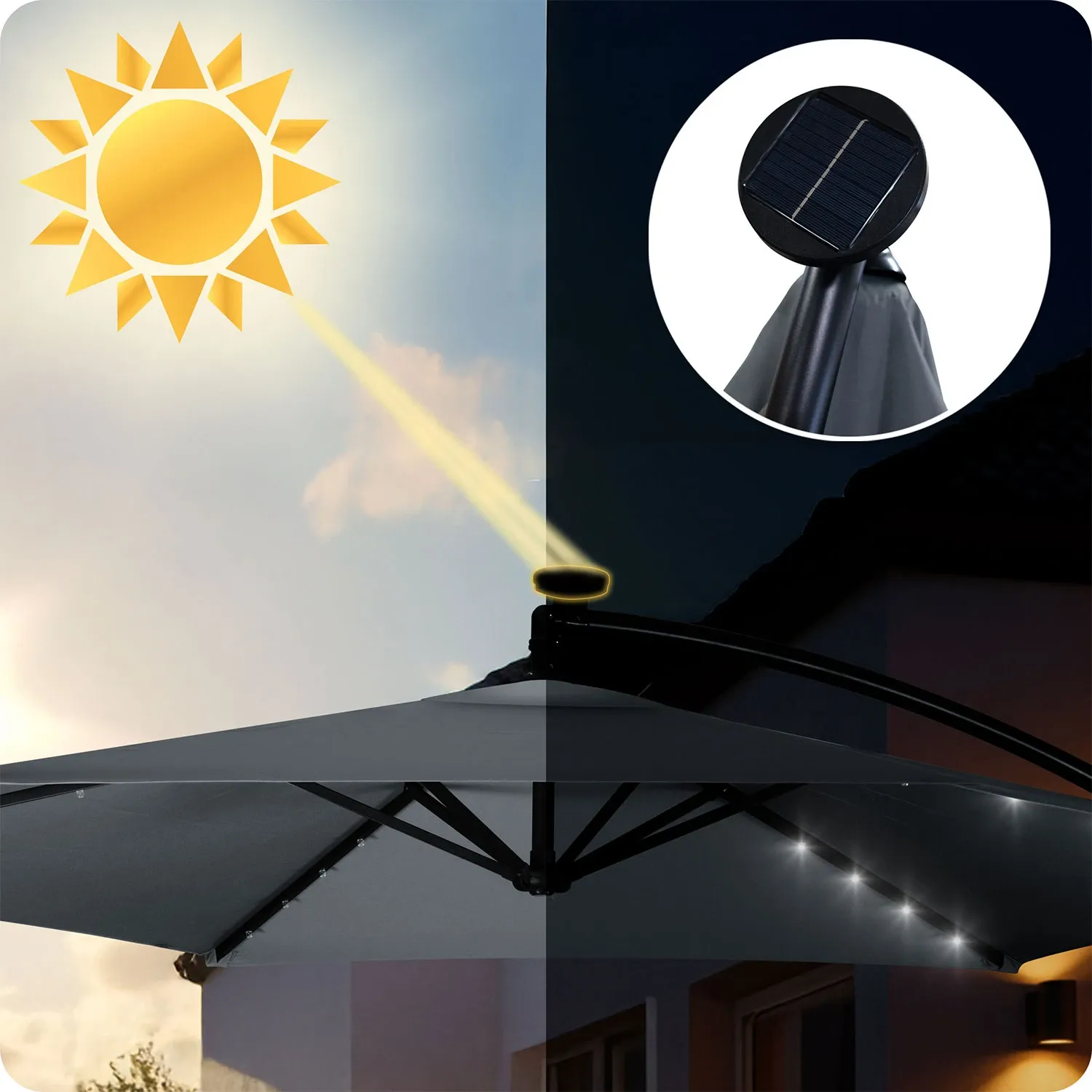 Sulankstomas sodo skėtis, 6 dalių, 350 cm, su dangčiu ir šviesomis, „Plonos PL-882“ - nuotrauka 1