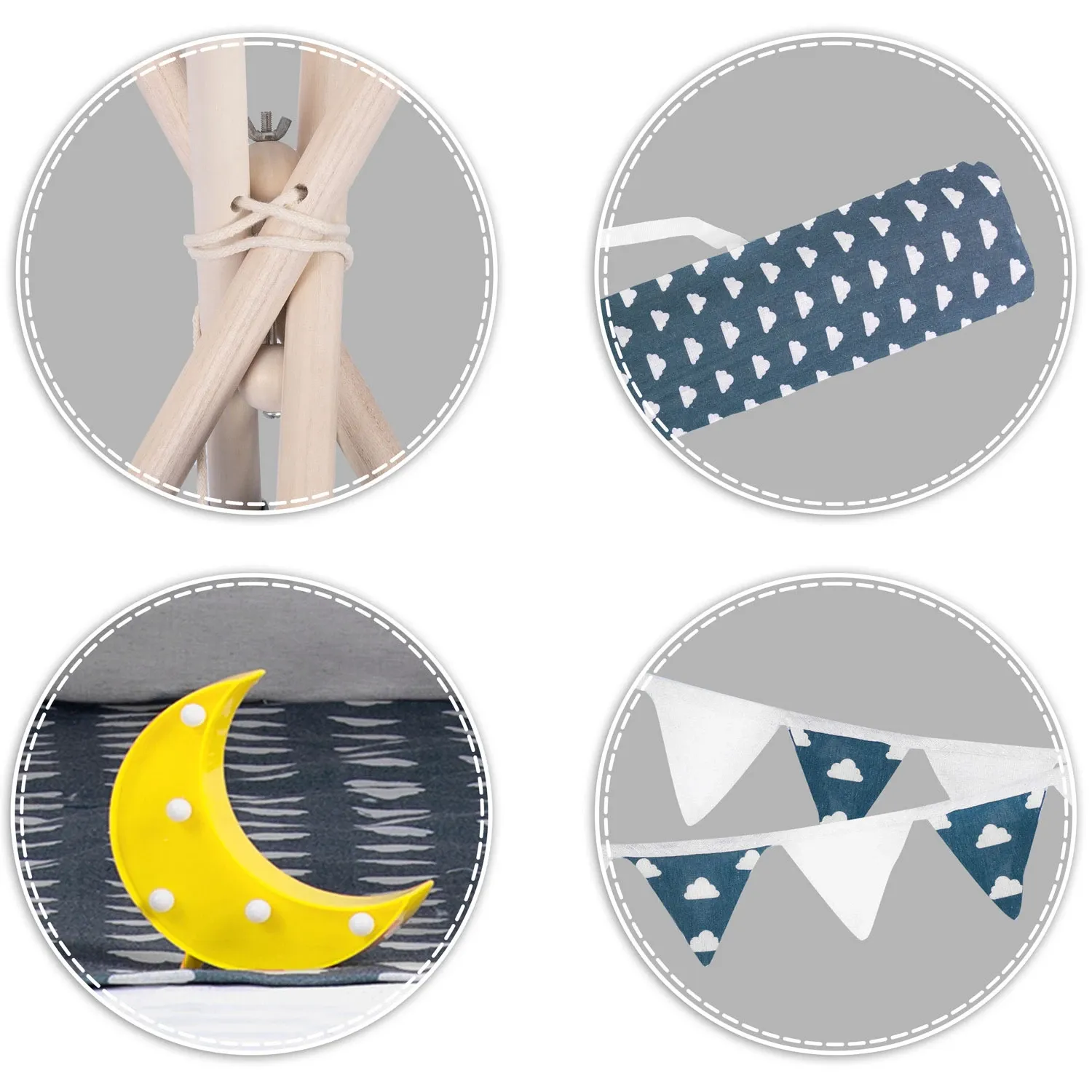 Vaikiška tipi palapinė su girlianda ir lemputėmis - tamsiai mėlyna su debesėliais - nuotrauka 1