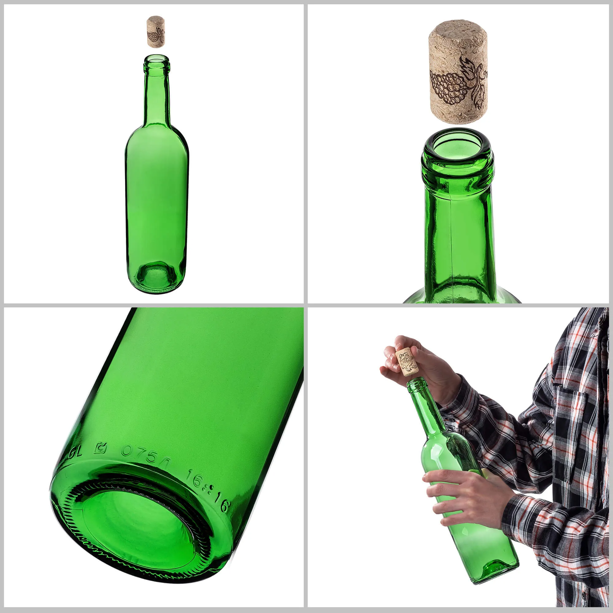 Biagio vyno buteliai 750 ml žali su aglomeruotu kamščiu 30 vnt.