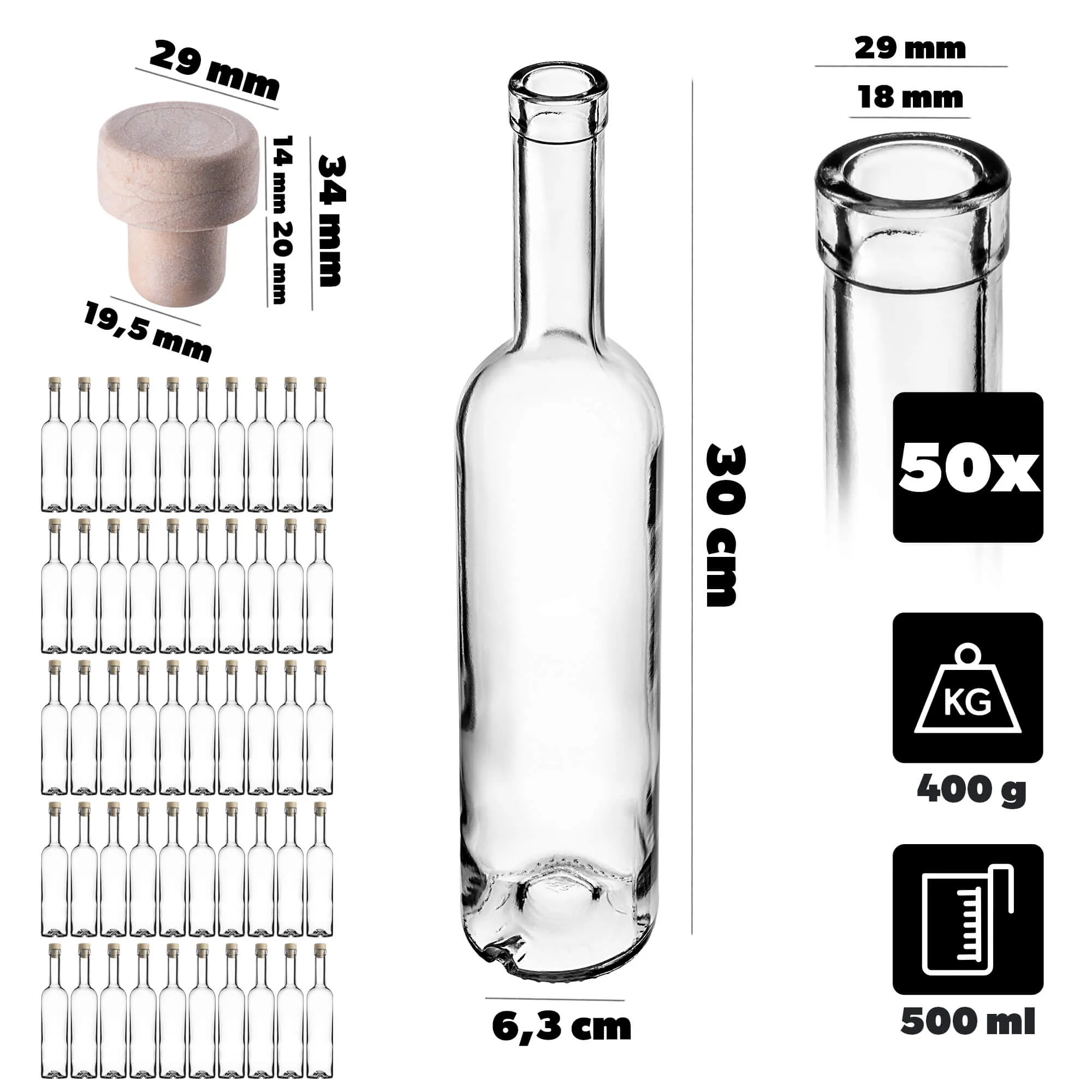 Futura butelis 500 ml su sintetiniu kamščiu, 50 vnt.