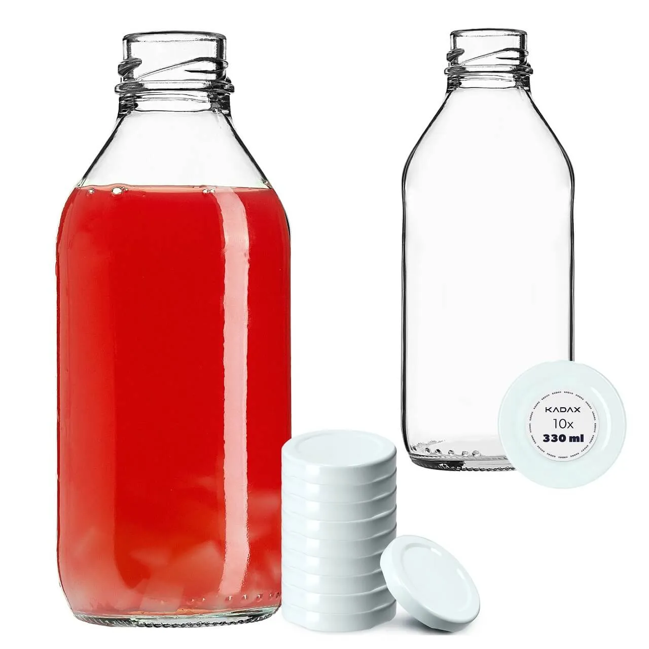 Potelle stikliniai sulčių buteliai 0,33 l su baltu dangteliu, 10 vnt.