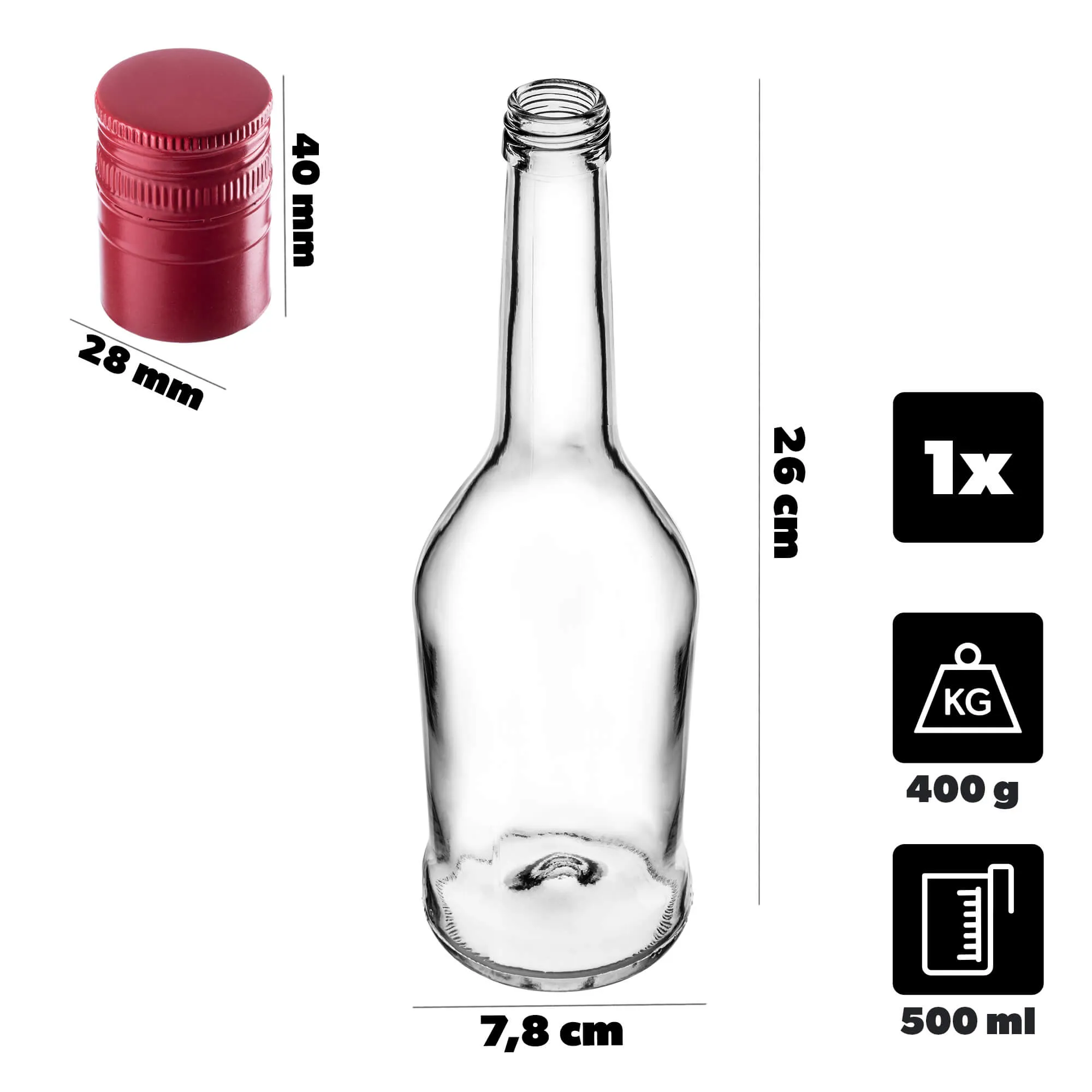 Stiklinis butelis Luarė tinktūrai 500 ml su ilgu raudonu dangteliu 1 vnt.
