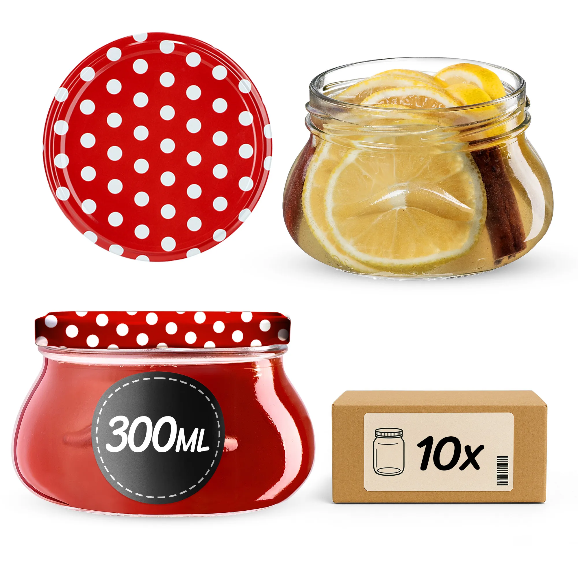 Raja konservavimo stiklainiai 300 ml 10 vnt. 82 mm + dangteliai „Raudonieji žirneliai“