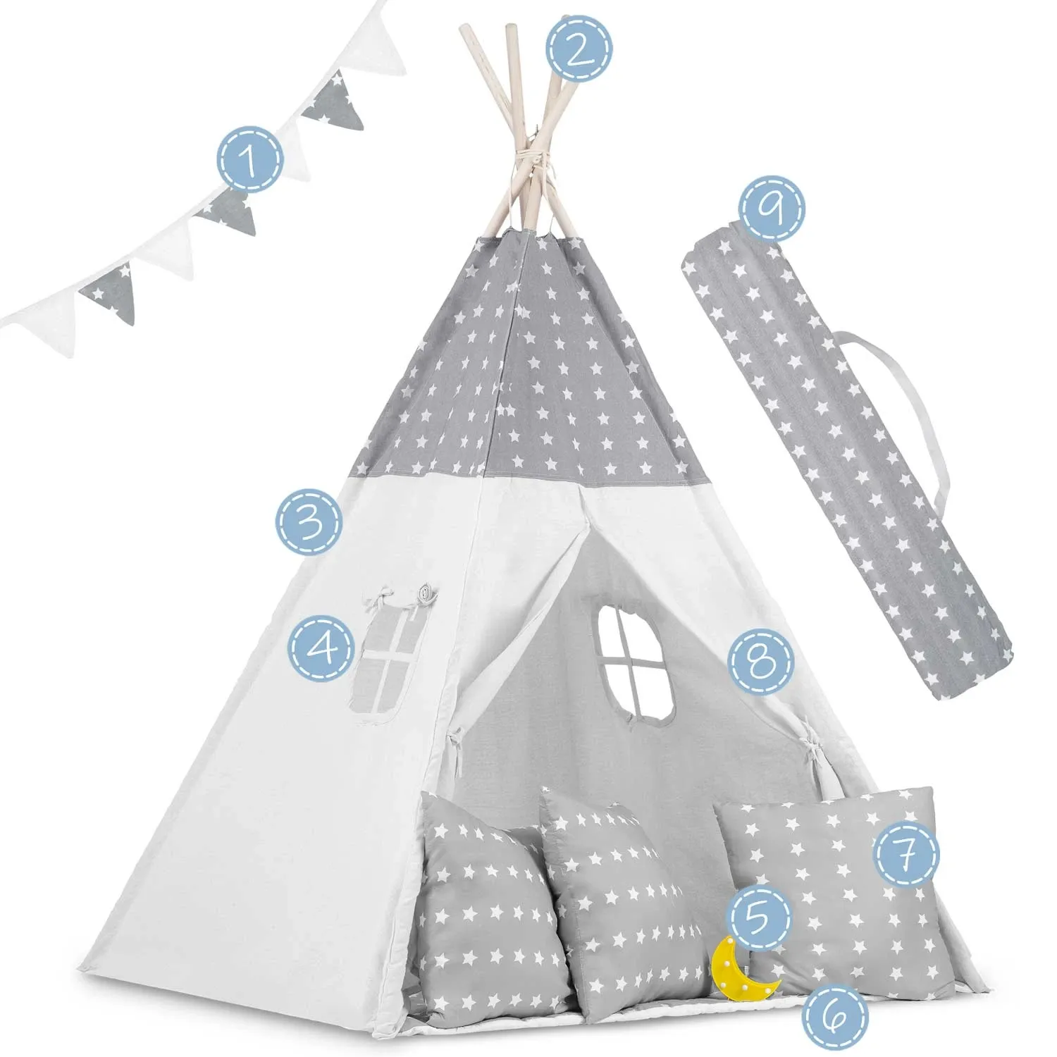 Vaikiška tipi palapinė su girlianda ir lemputėmis - šviesiai pilka su žvaigždutėmis - nuotrauka 1