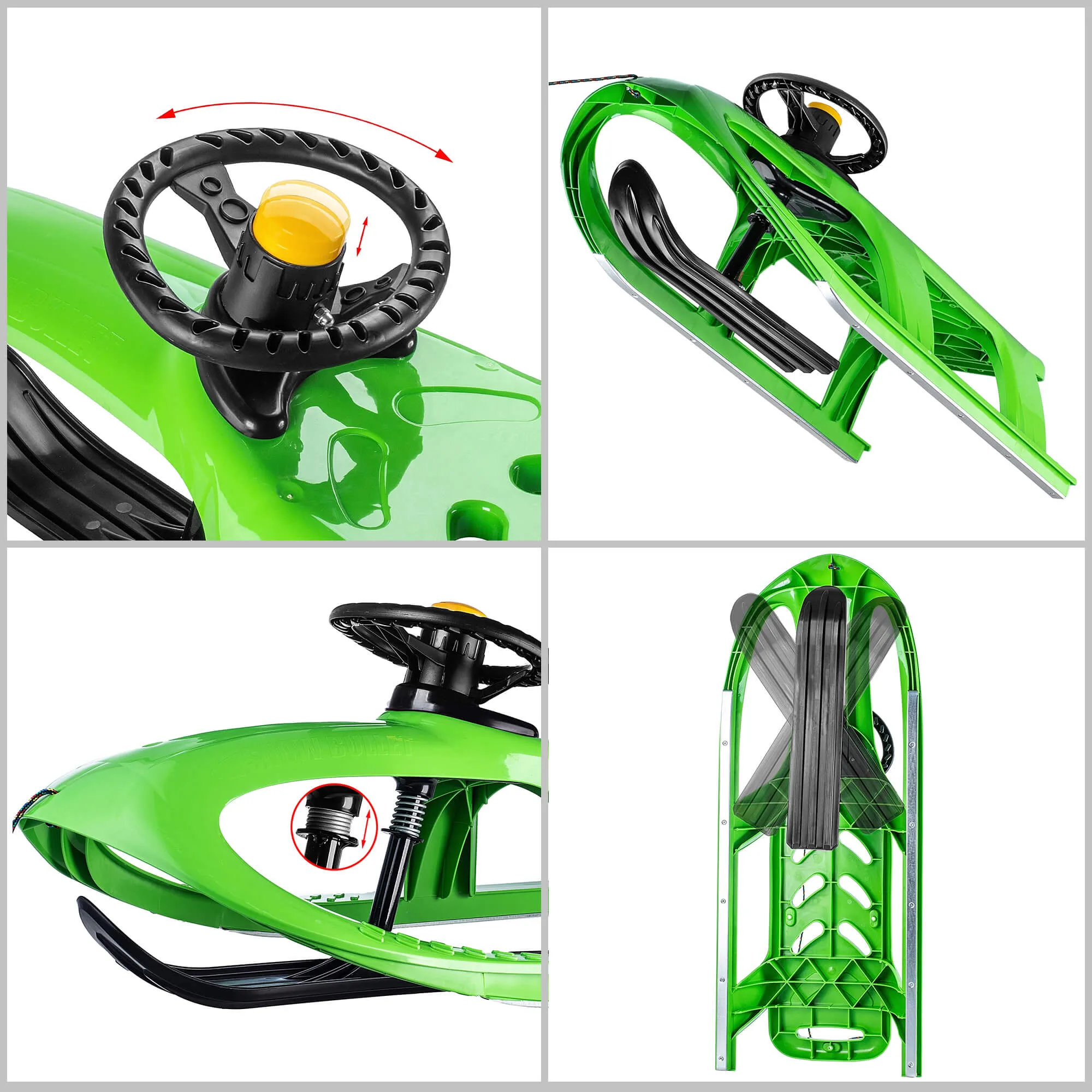 Plastikinės rogės su vairu ir garso signalu, žalios