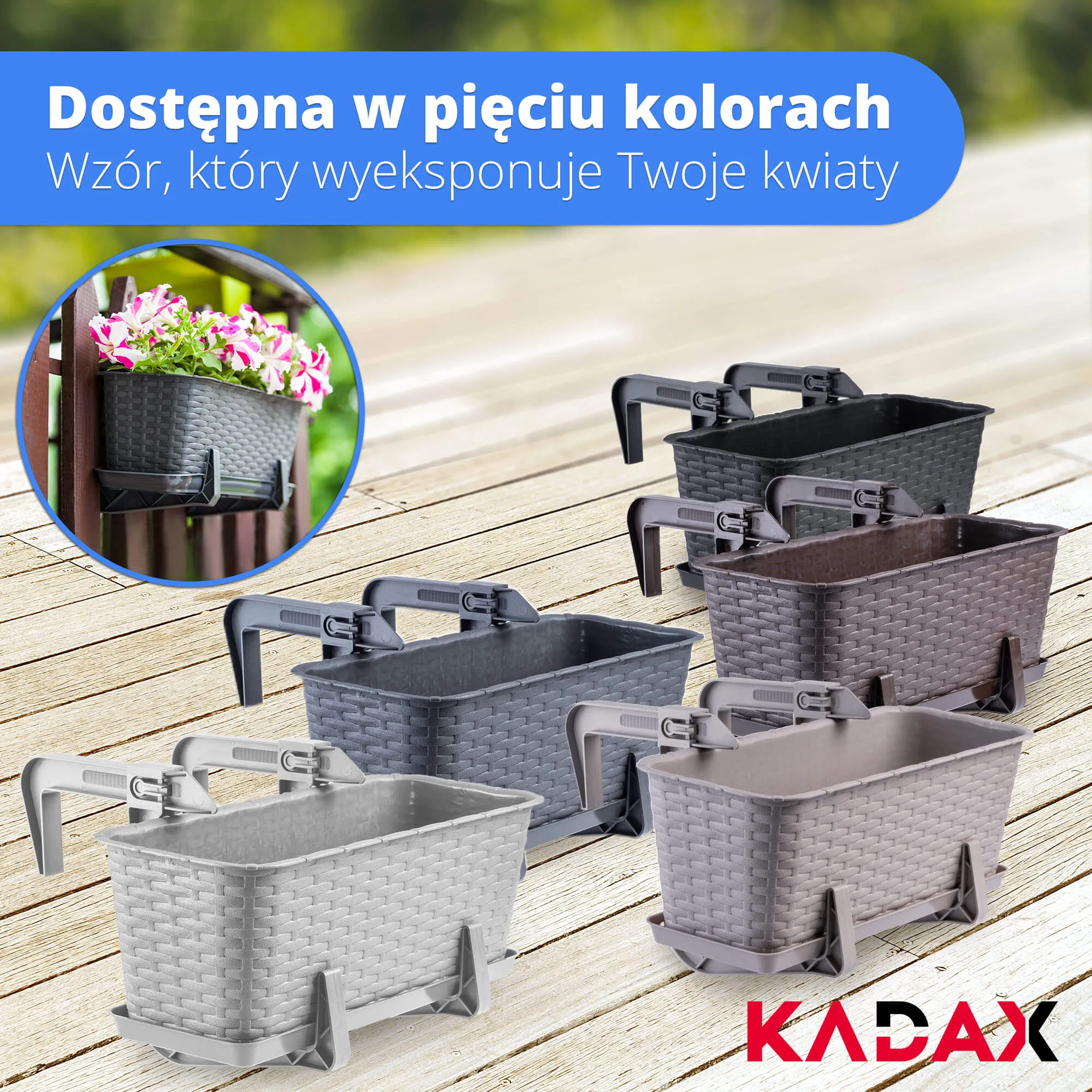 Rotango balkono dėžė su pagrindu ir rankenomis Frette 40 cm