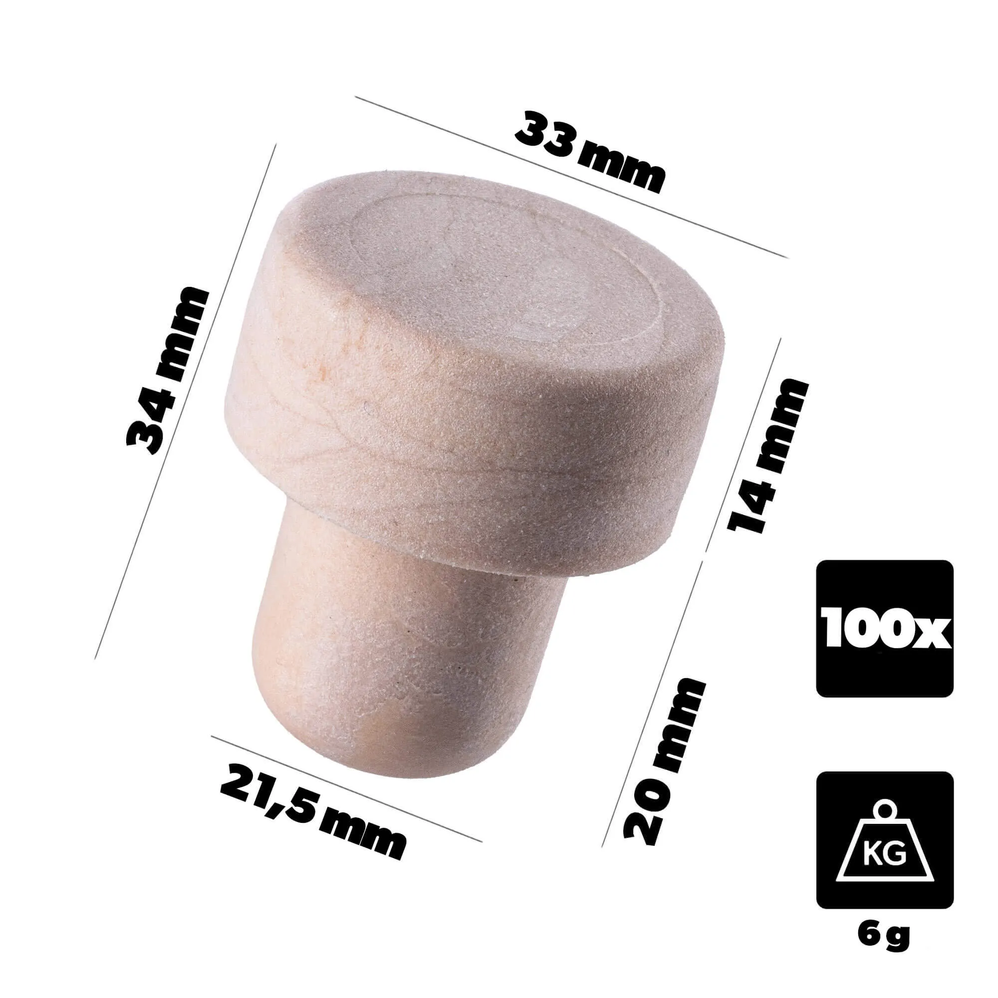 Velletri vyno butelio kamštis, sintetinis grybo formos, 21,5 mm, 100 vnt.