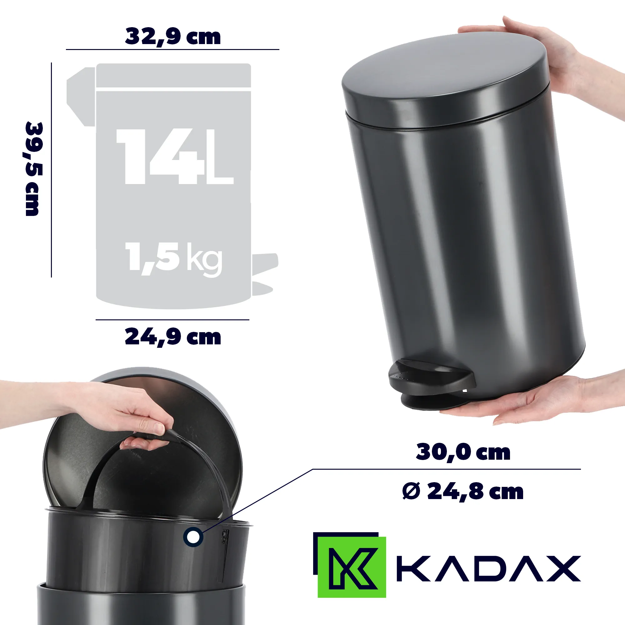 „Melfi“ 14 l plieninė šiukšliadėžė, juoda