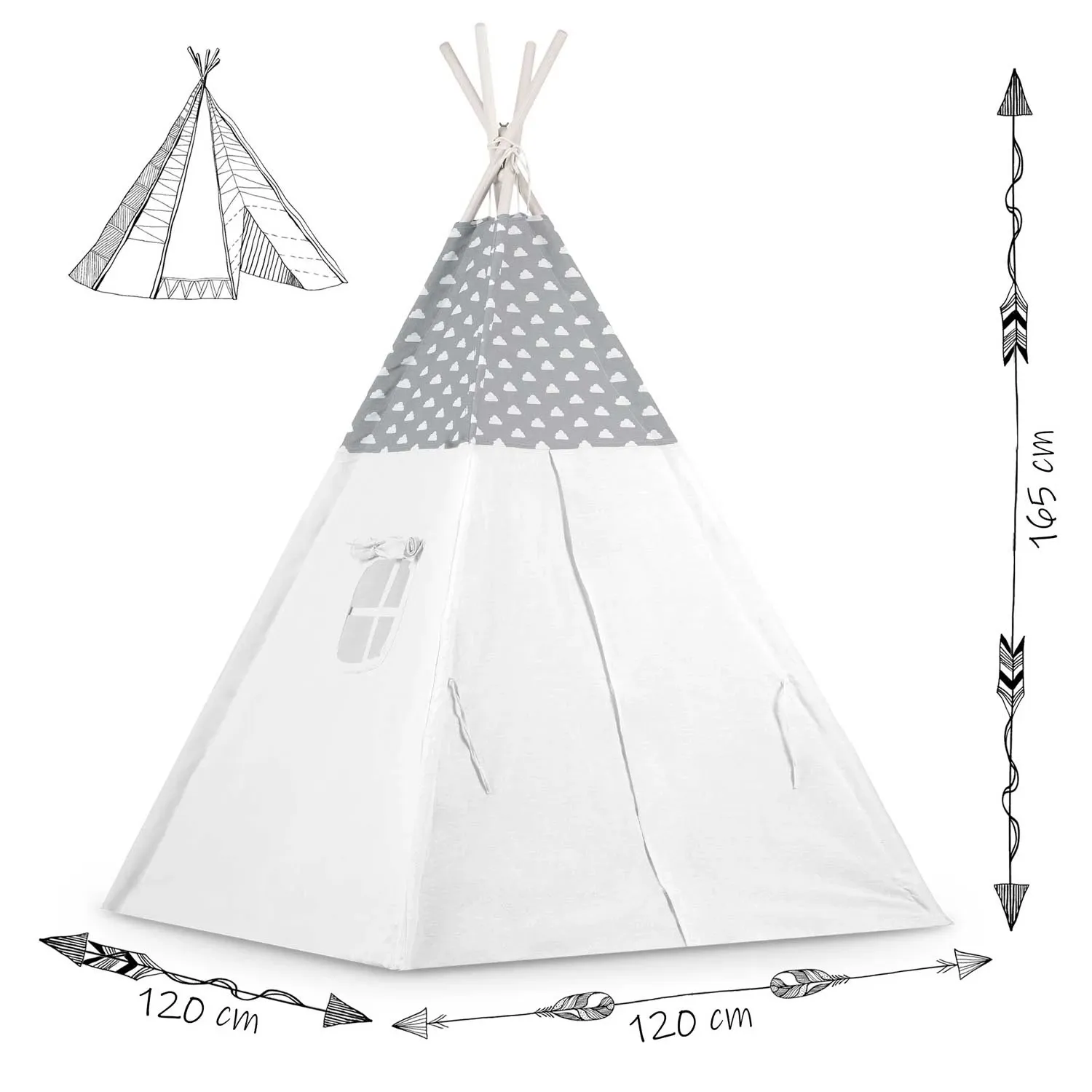 Vaikiška tipi palapinė su girlianda ir lemputėmis - šviesiai pilka su debesėliais - nuotrauka 1