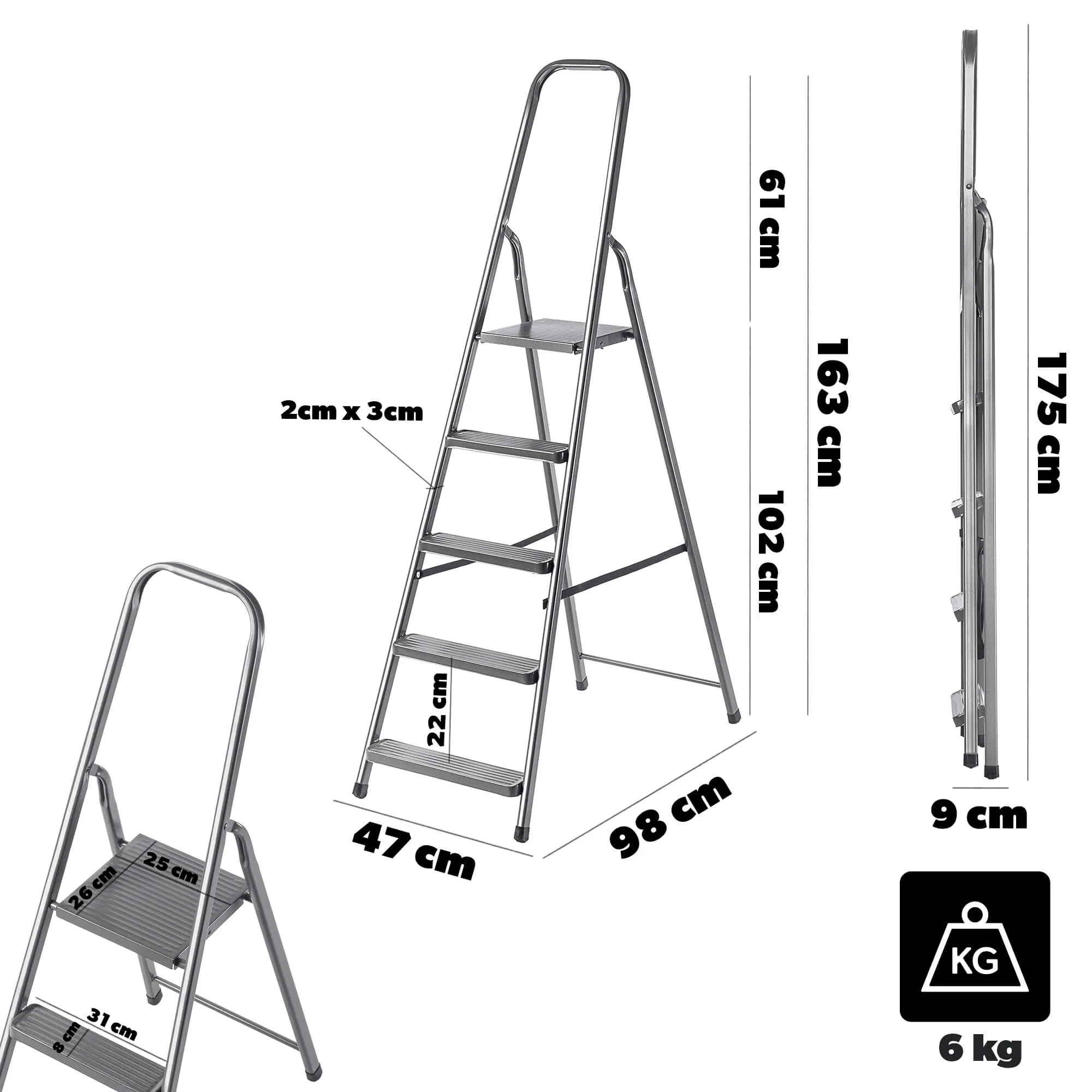 Plieninės kopėčios su platforma Ceriana 5 pakopų 125 kg