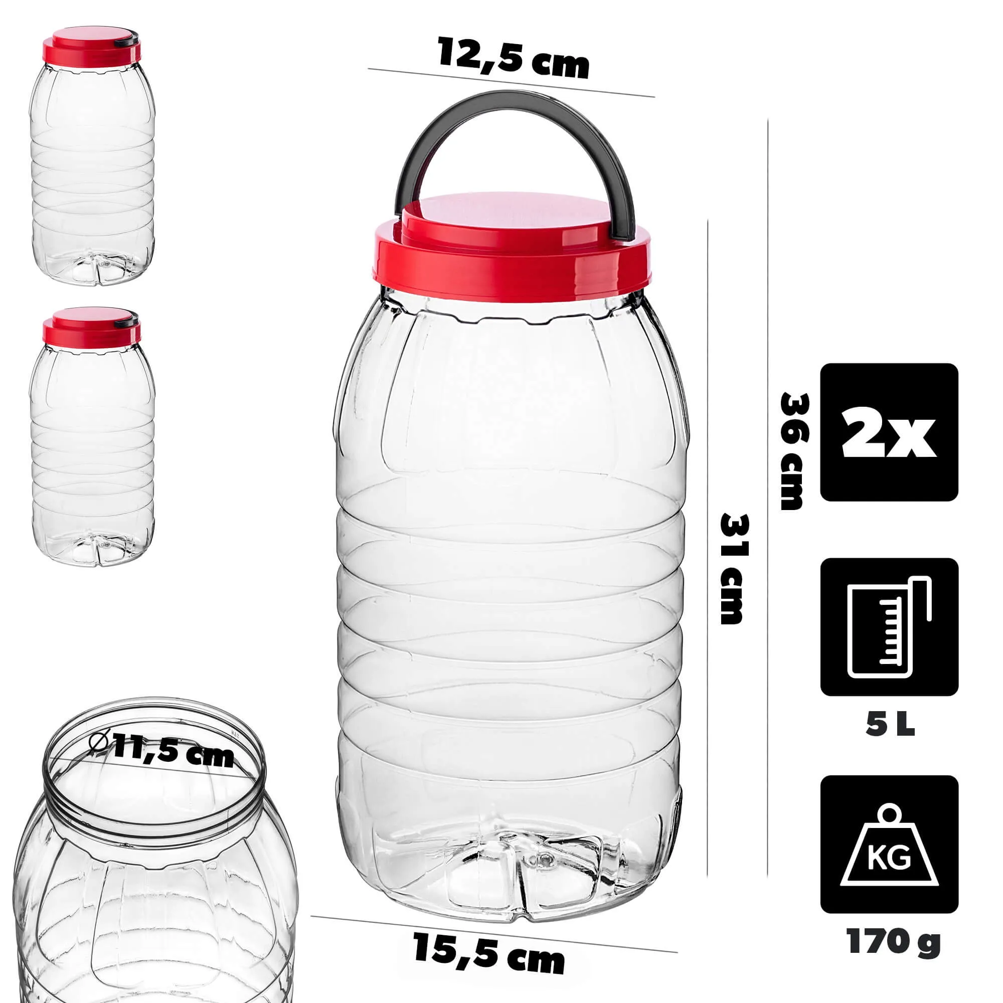 PET indeliai su užsukamu dangteliu ir rankena „Riccia universal“, 5 l, 2 vnt.