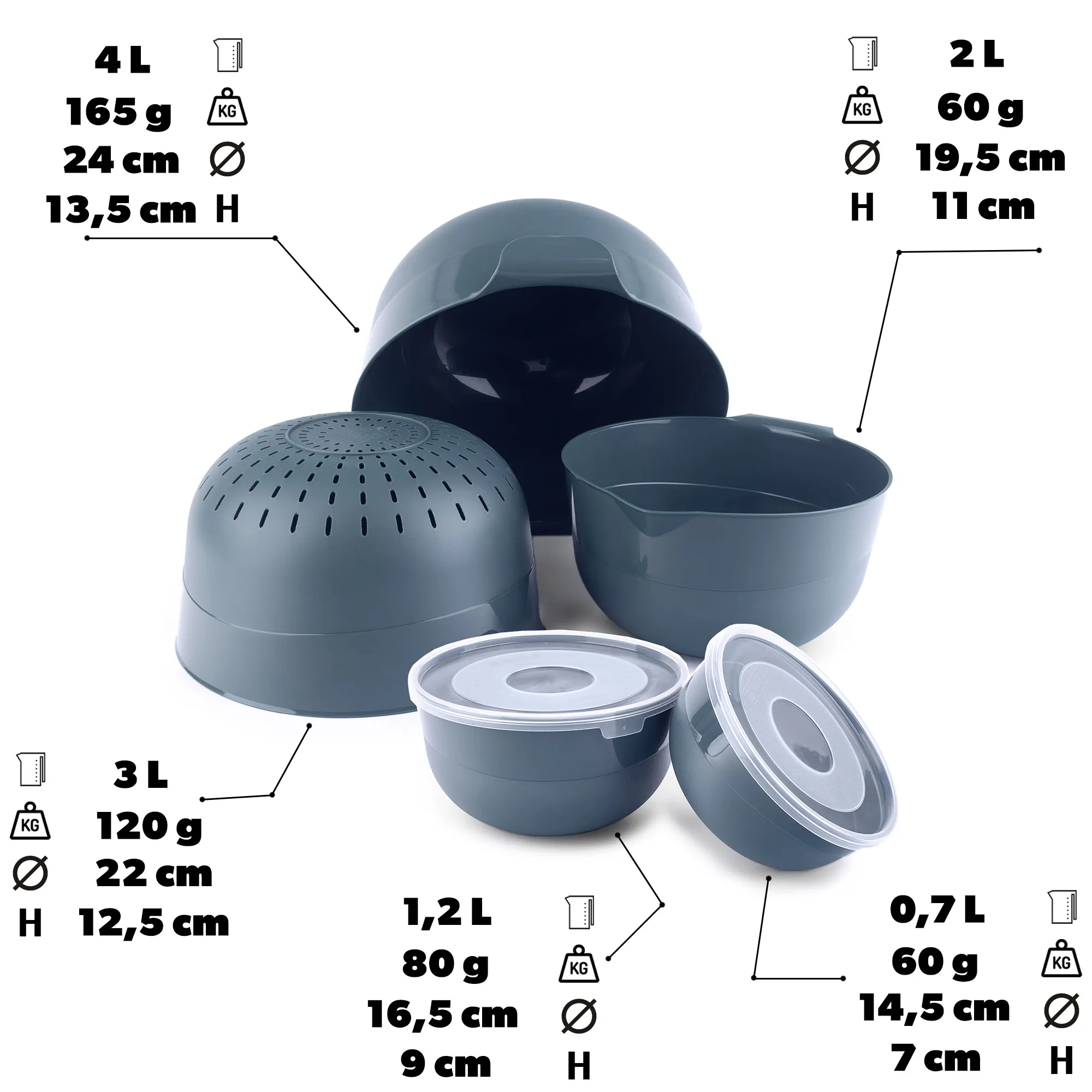 Dogato dubenėlių rinkinys, 7 dalys, tamsiai pilkas