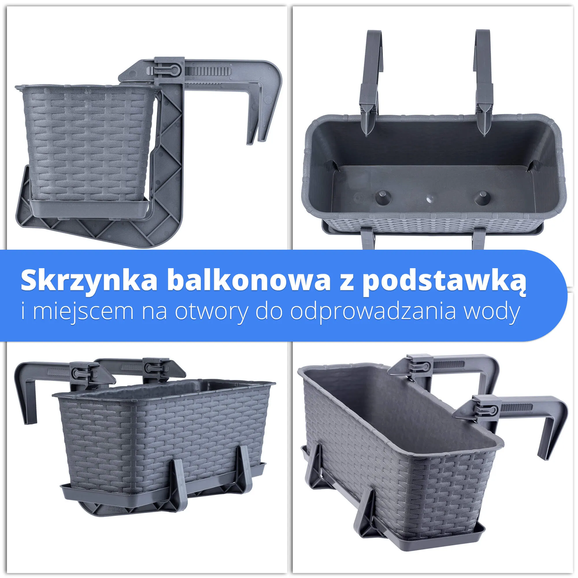 Rotango balkono dėžė su pagrindu ir rankenomis Frette 40 cm