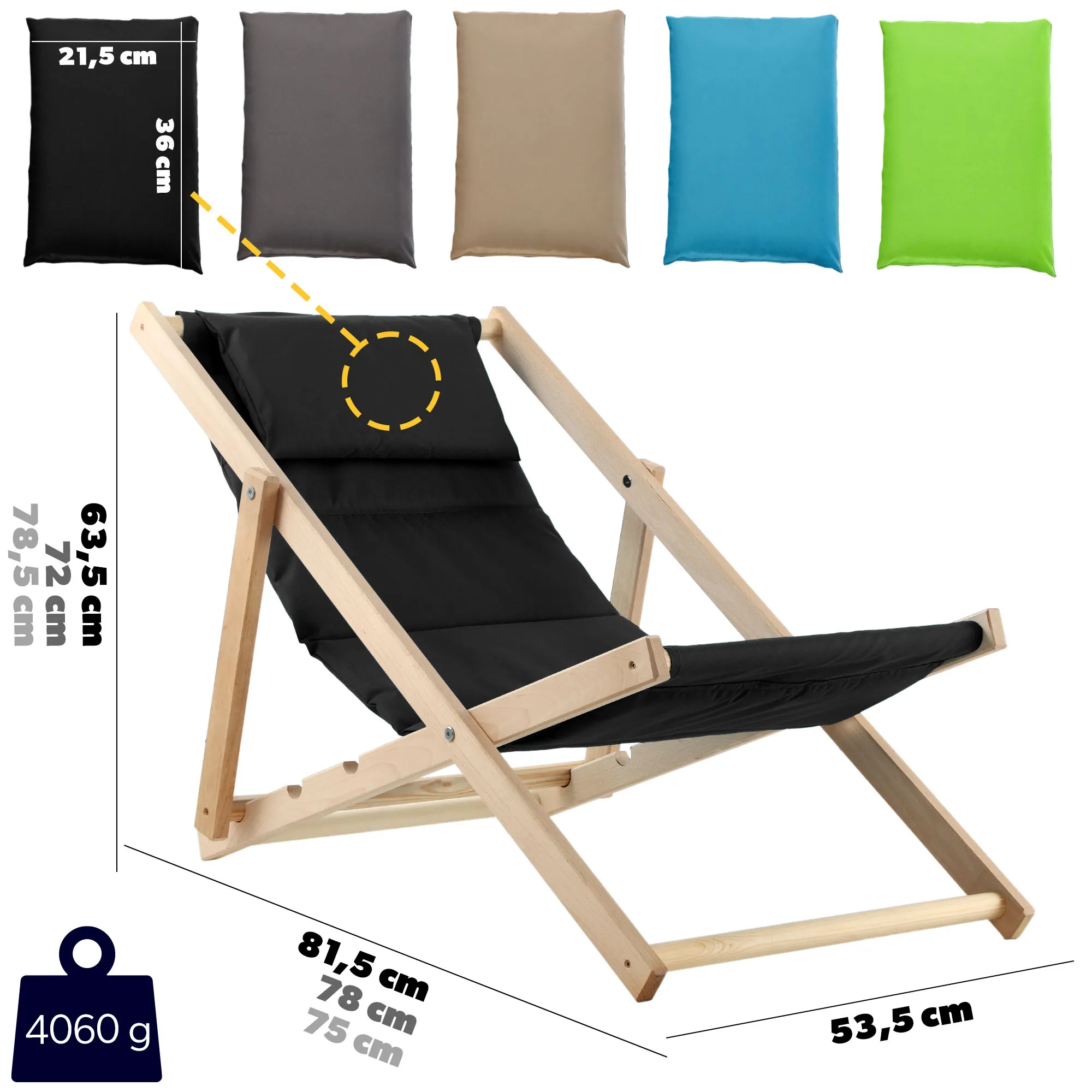 „Troia“ paplūdimio gultas su pagalvėle, juodas