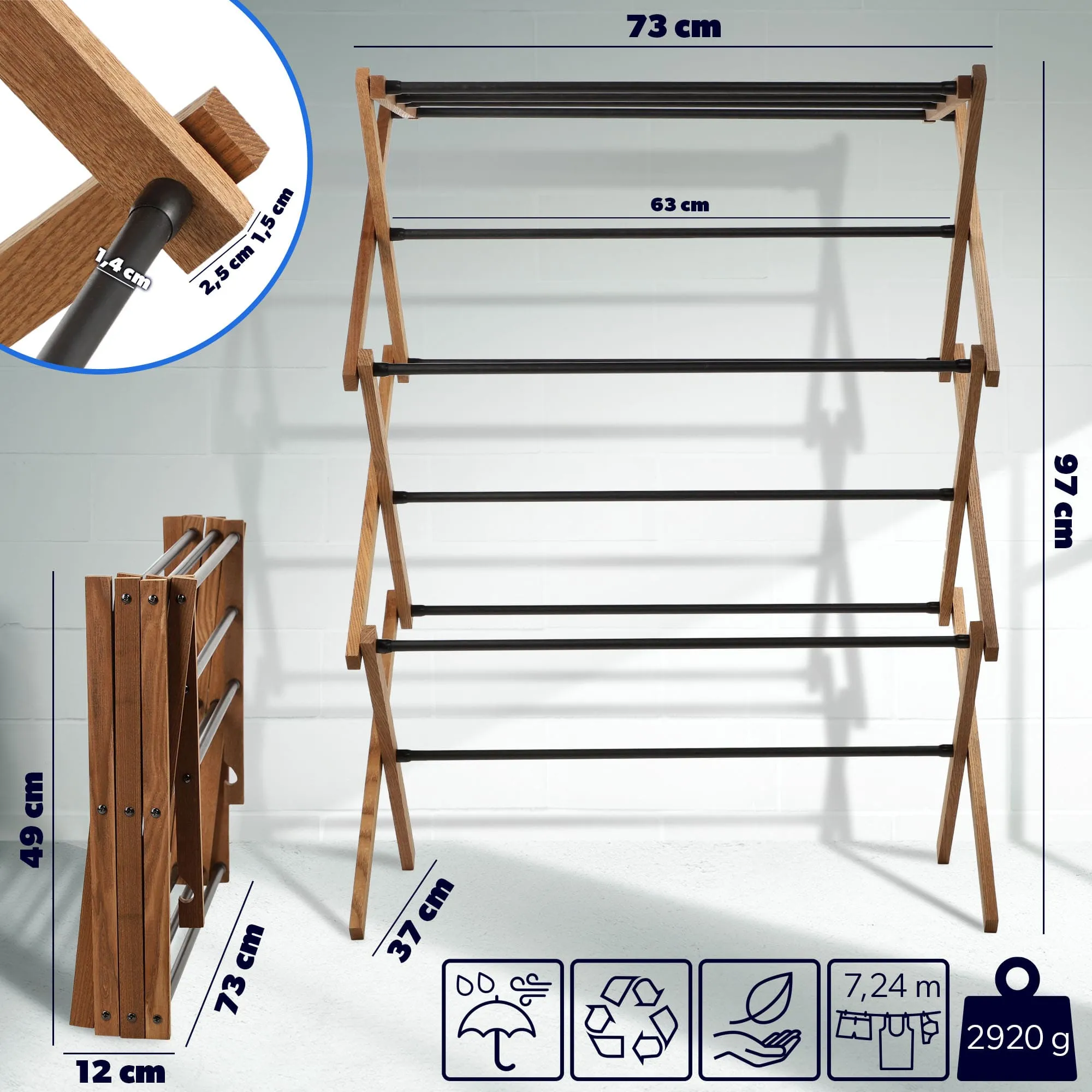 Ferrara medinė džiovyklė su plieniniais strypais, 60 cm