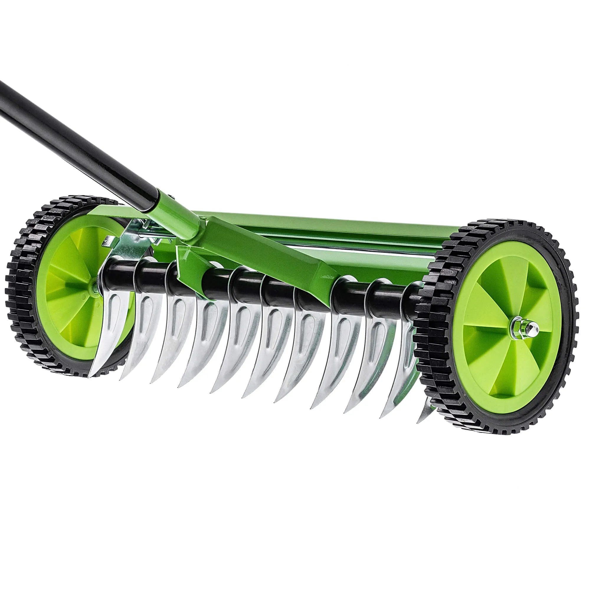 Rovigo vienpusis rankinis vejos aeratorius ant ratukų, 130 x 48 cm, žalias