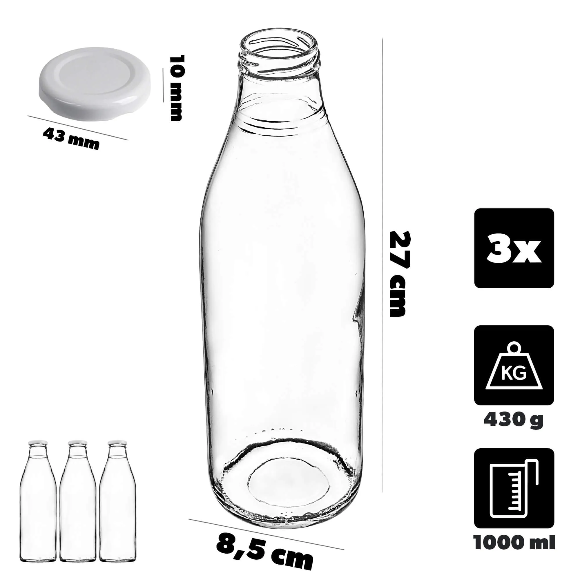 Arvigo 1 l stiklinis sulčių butelis su baltu dangteliu, 3 vnt.