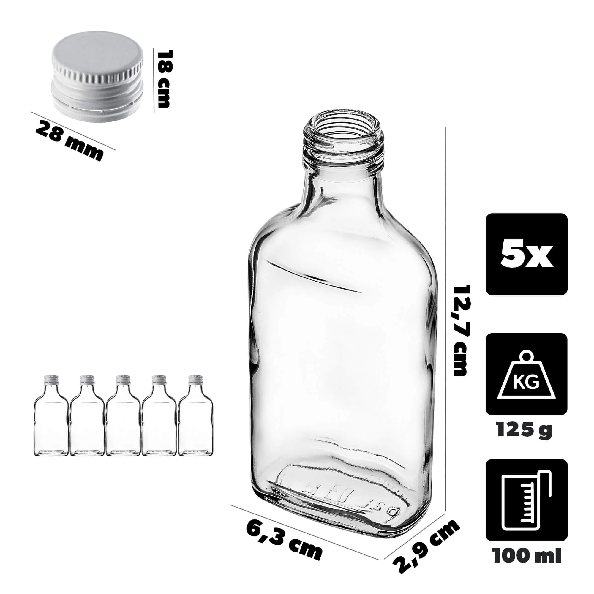 Viane 200 ml gertuvės su baltu dangteliu, 5 vnt.