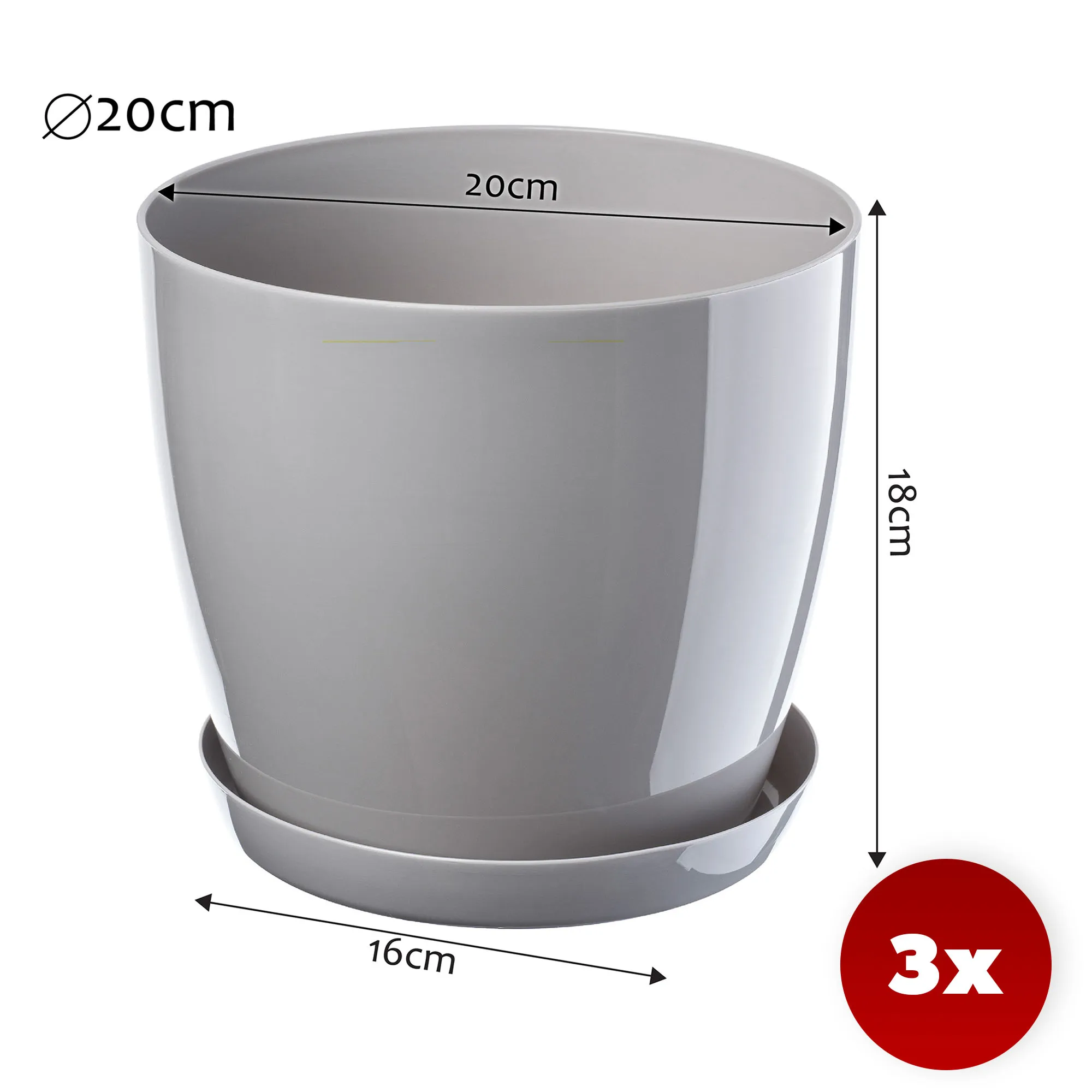 Agen vazonas su lėkštute, pilkas, 20 cm, 3 vnt.