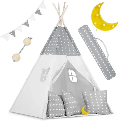 Vaikiška tipi palapinė su girlianda ir lemputėmis - šviesiai pilka su žvaigždutėmis - nuotrauka 1