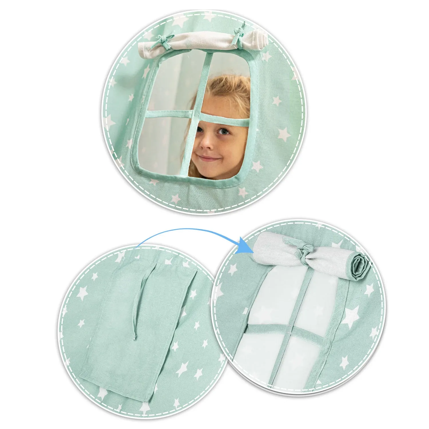 Vaikiška tipi palapinė su lemputėmis - mėtinė su žvaigždutėmis - nuotrauka 1