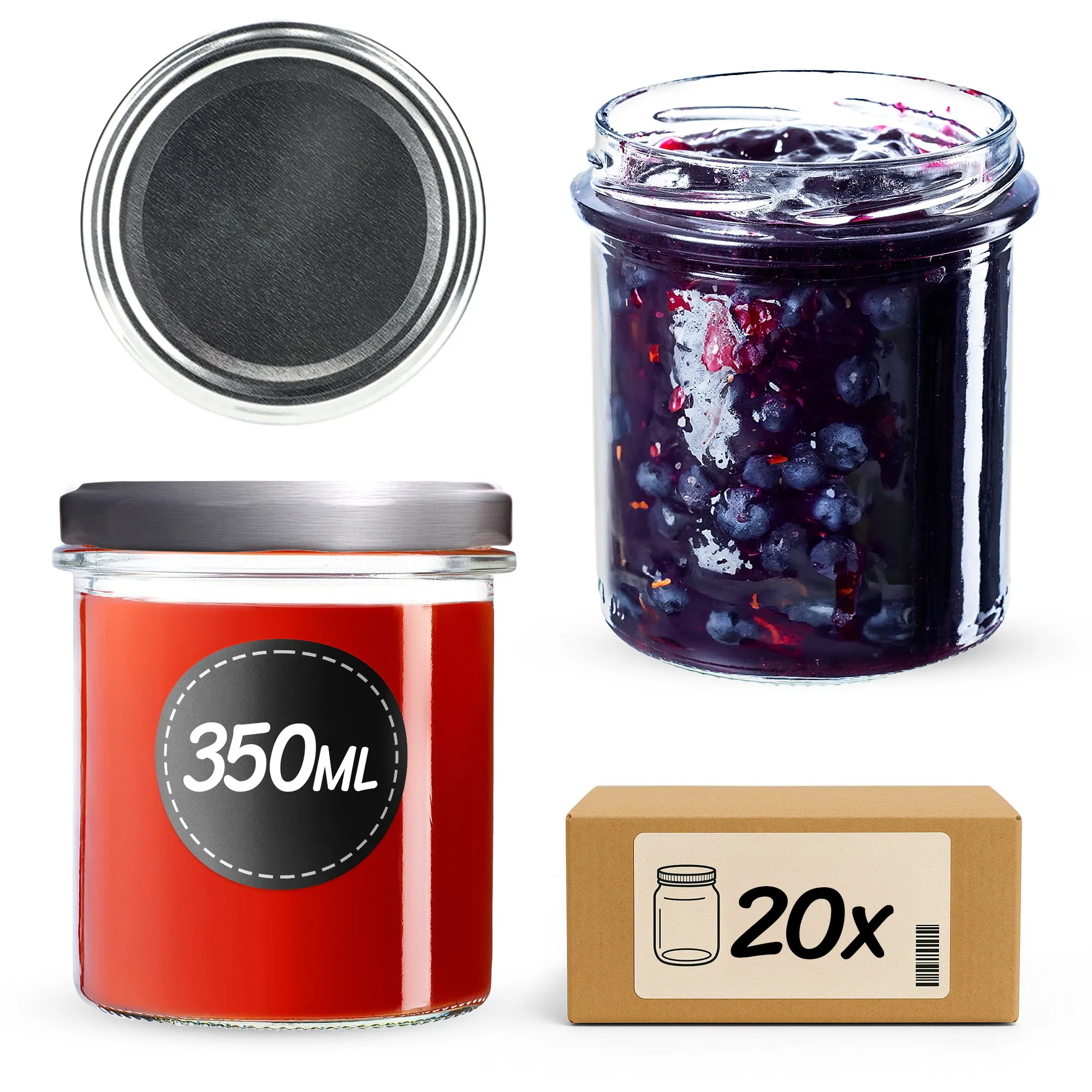 Avila konservavimo stiklainiai 350 ml, 20 vnt., 82 mm + sidabriniai dangteliai