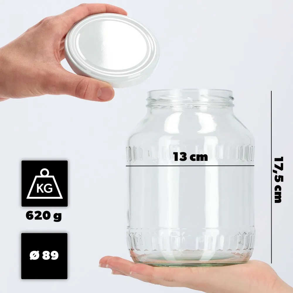 Boro stiklinis indelis 1,7 l 89 mm + balti dangteliai 2 vnt.