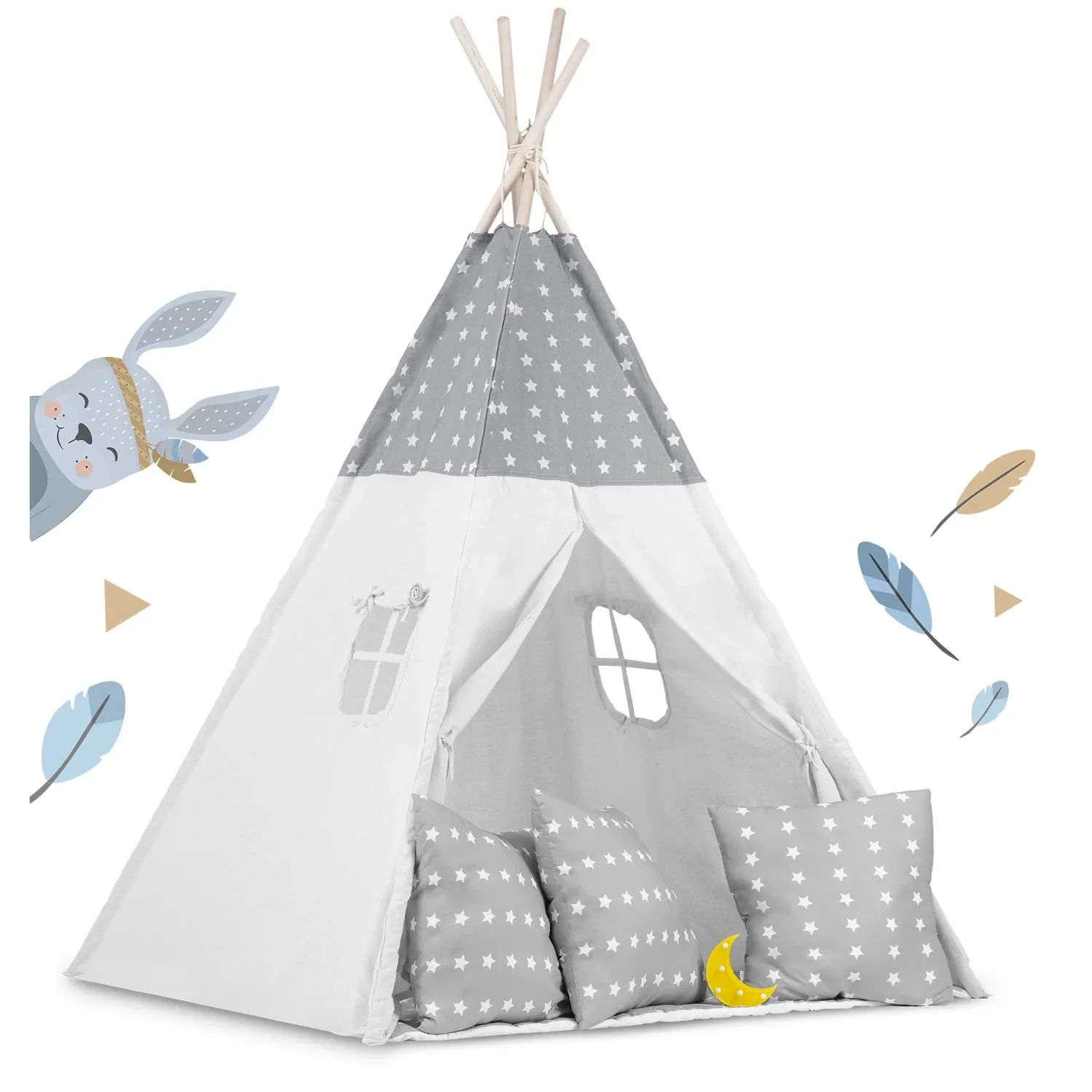 Vaikiška tipi palapinė su girlianda ir lemputėmis - šviesiai pilka su žvaigždutėmis - nuotrauka 1